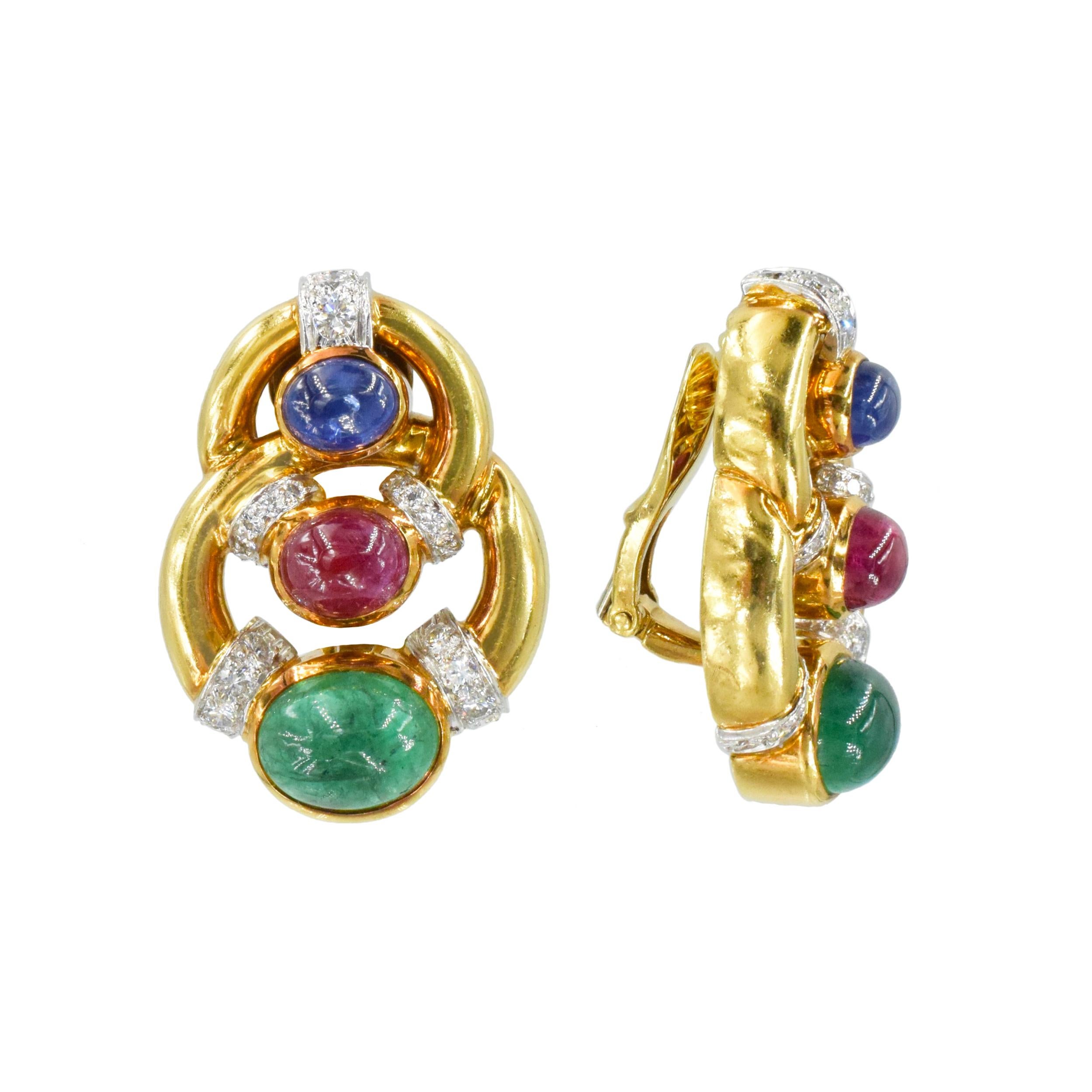 Women's David Webb Emerald, Ruby, Sapphire and Diamond Ear Clip Earrings