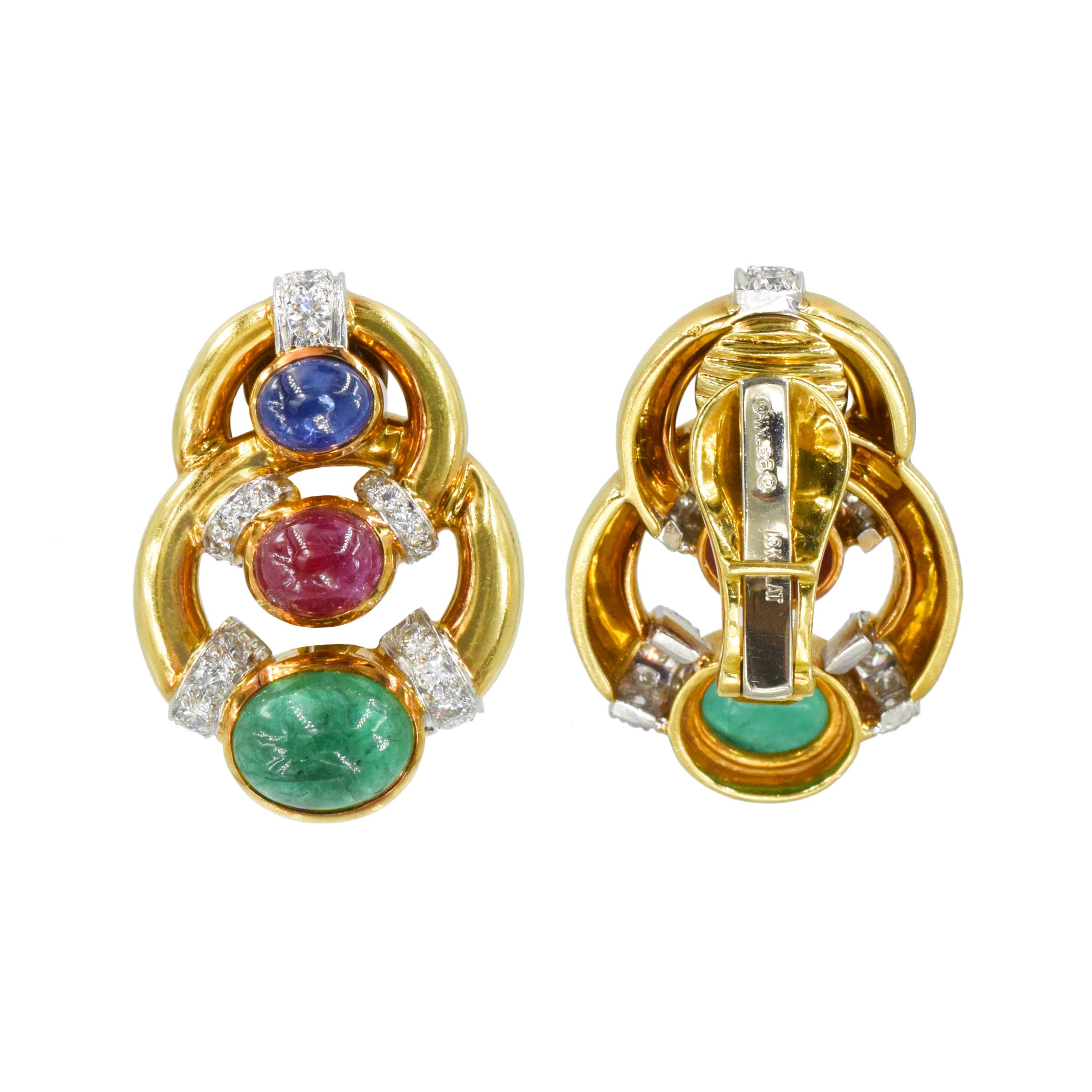 David Webb Emerald, Ruby, Sapphire and Diamond Ear Clip Earrings 1