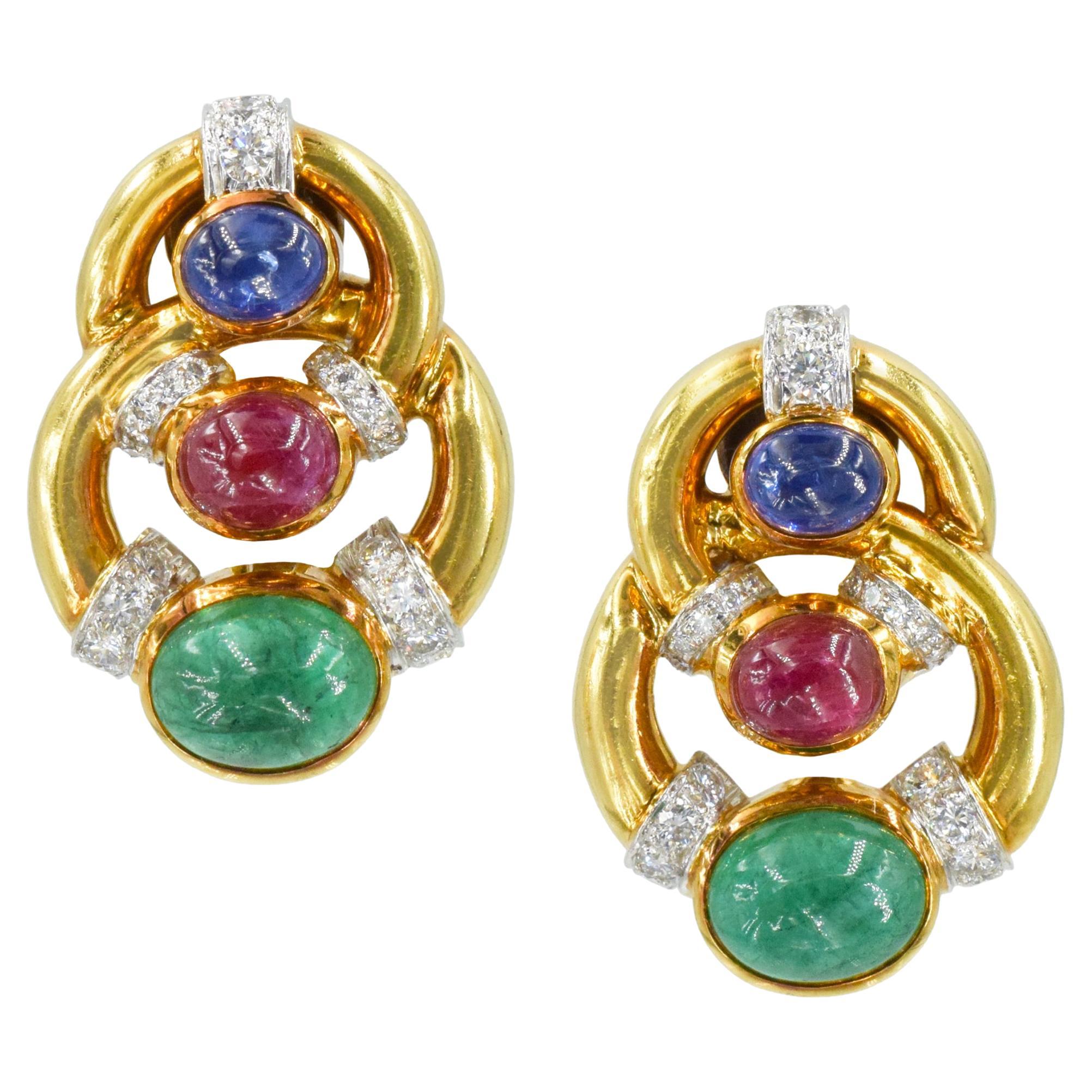 David Webb Emerald, Ruby, Sapphire and Diamond Ear Clip Earrings