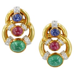 David Webb Emerald, Ruby, Sapphire and Diamond Ear Clip Earrings