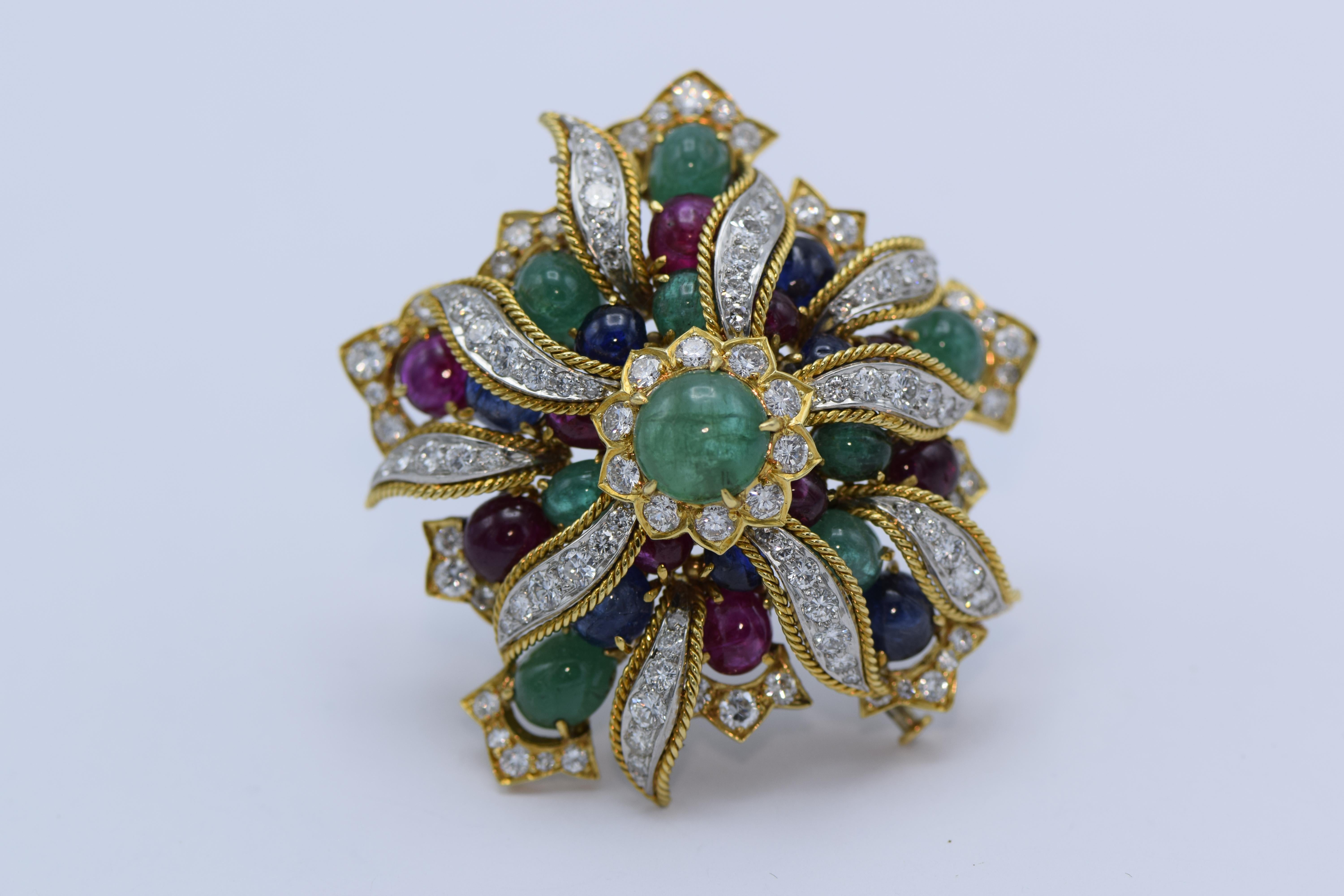 David Webb, Emerald, Sapphire, Ruby and Diamond Clip Brooch 4