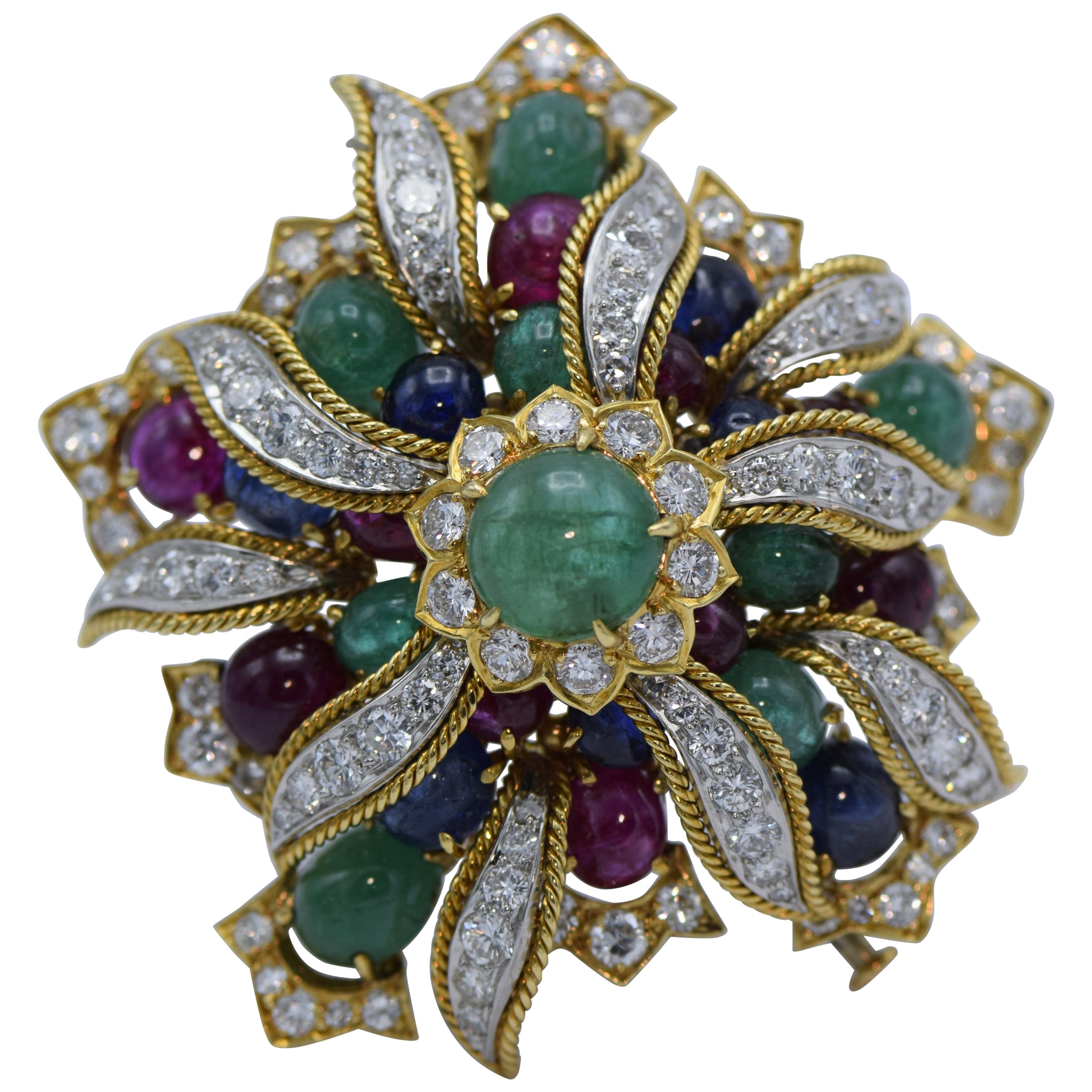 David Webb, Emerald, Sapphire, Ruby and Diamond Clip Brooch