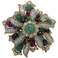 David Webb, Emerald, Sapphire, Ruby and Diamond Clip Brooch