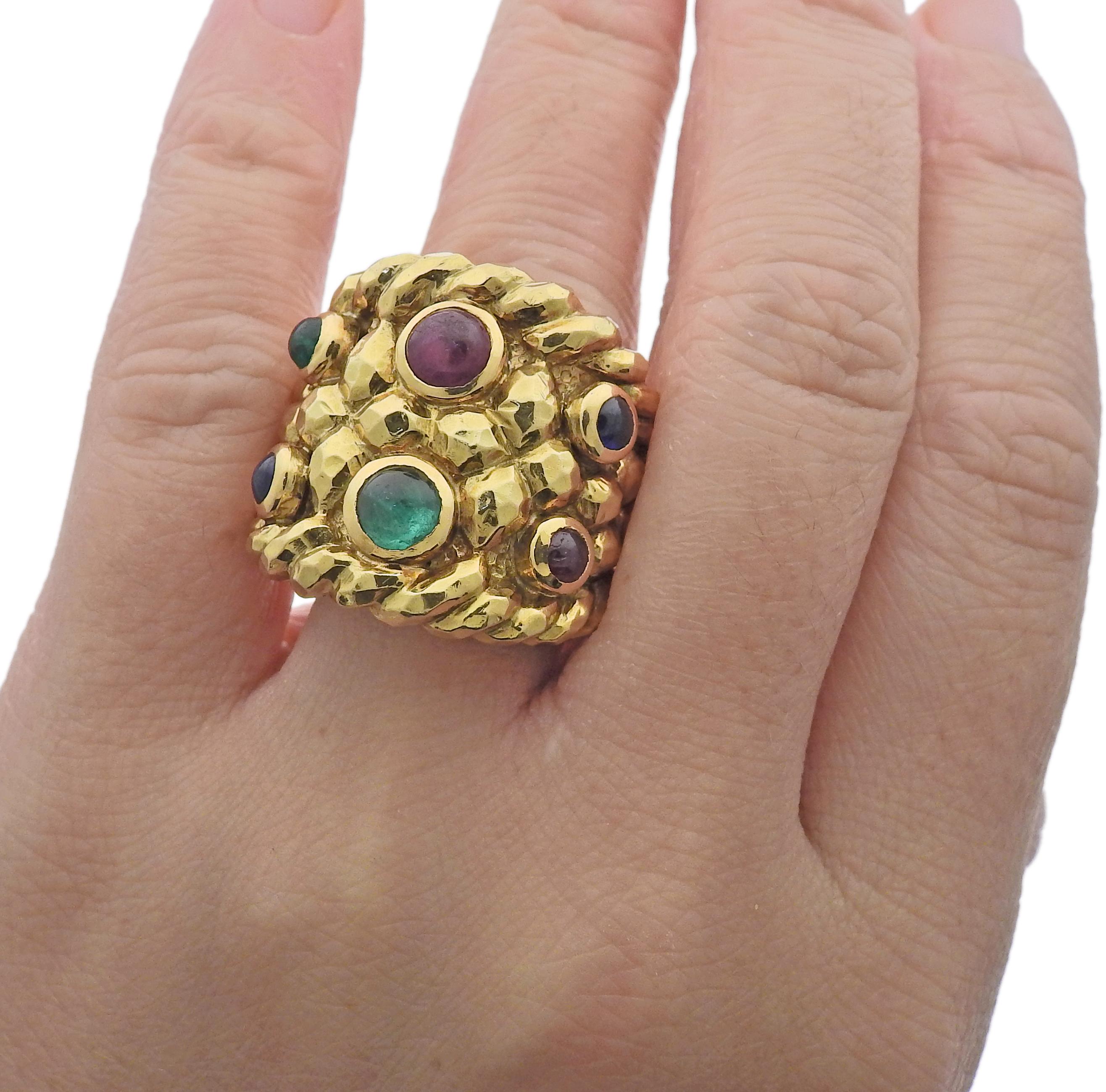 Women's David Webb Emerald Sapphire Ruby Gold Ring For Sale