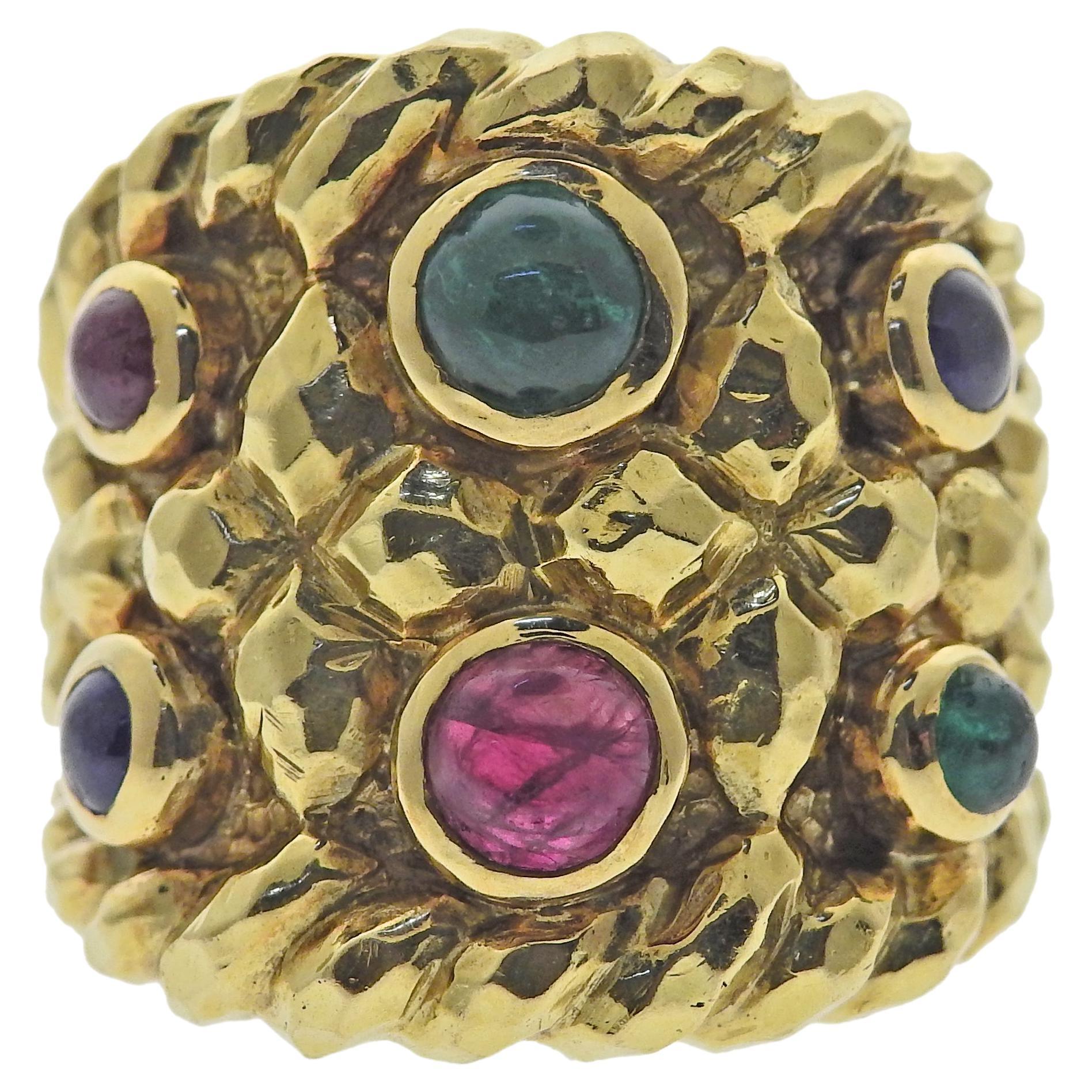 David Webb Emerald Sapphire Ruby Gold Ring For Sale