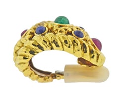 David Webb Emerald Sapphire Ruby Hammered Gold Half Hoop Earrings