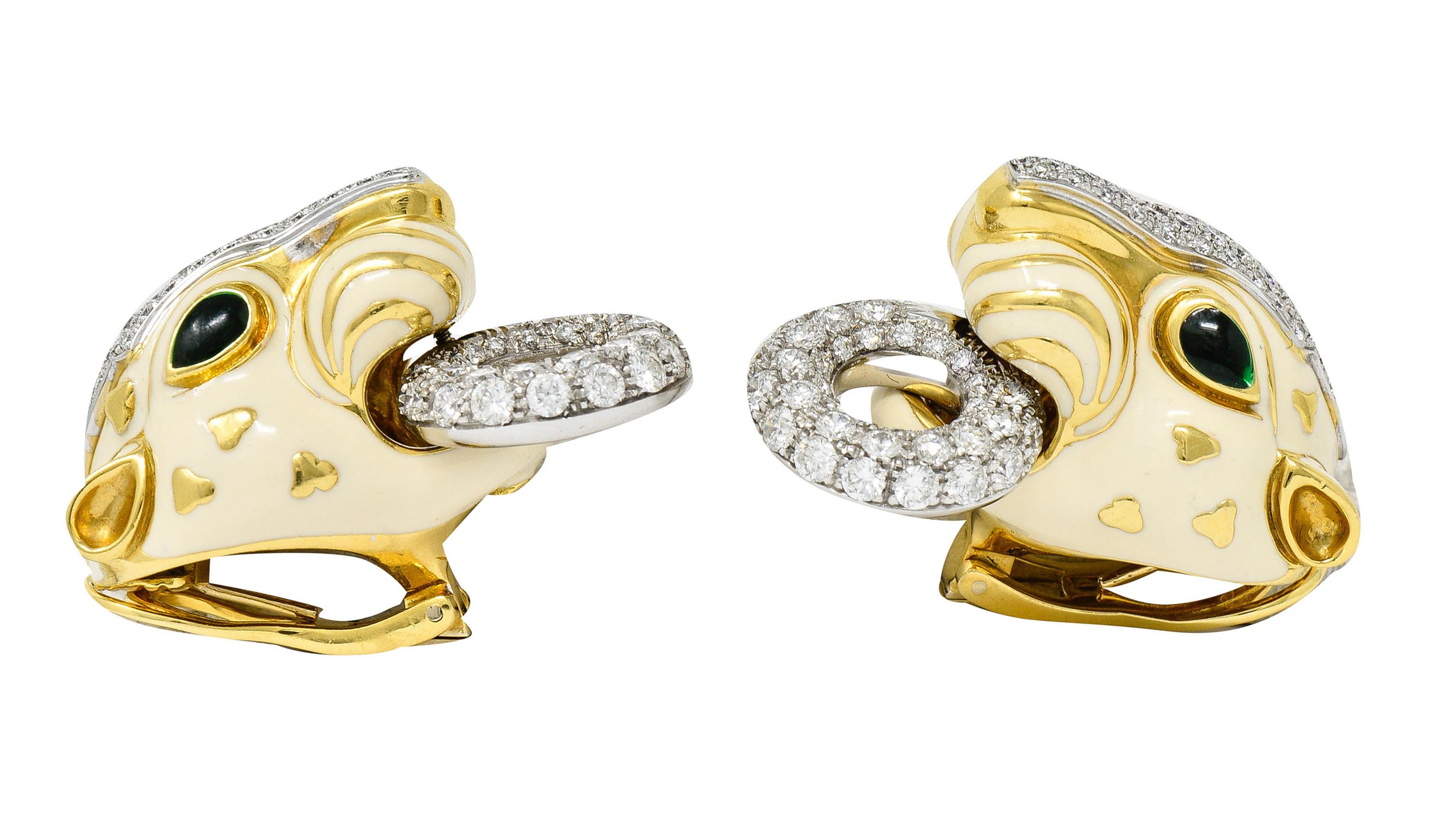 David Webb Enamel 4.90 Carats Diamond 18 Karat Gold Doorknocker Lion Earrings 4