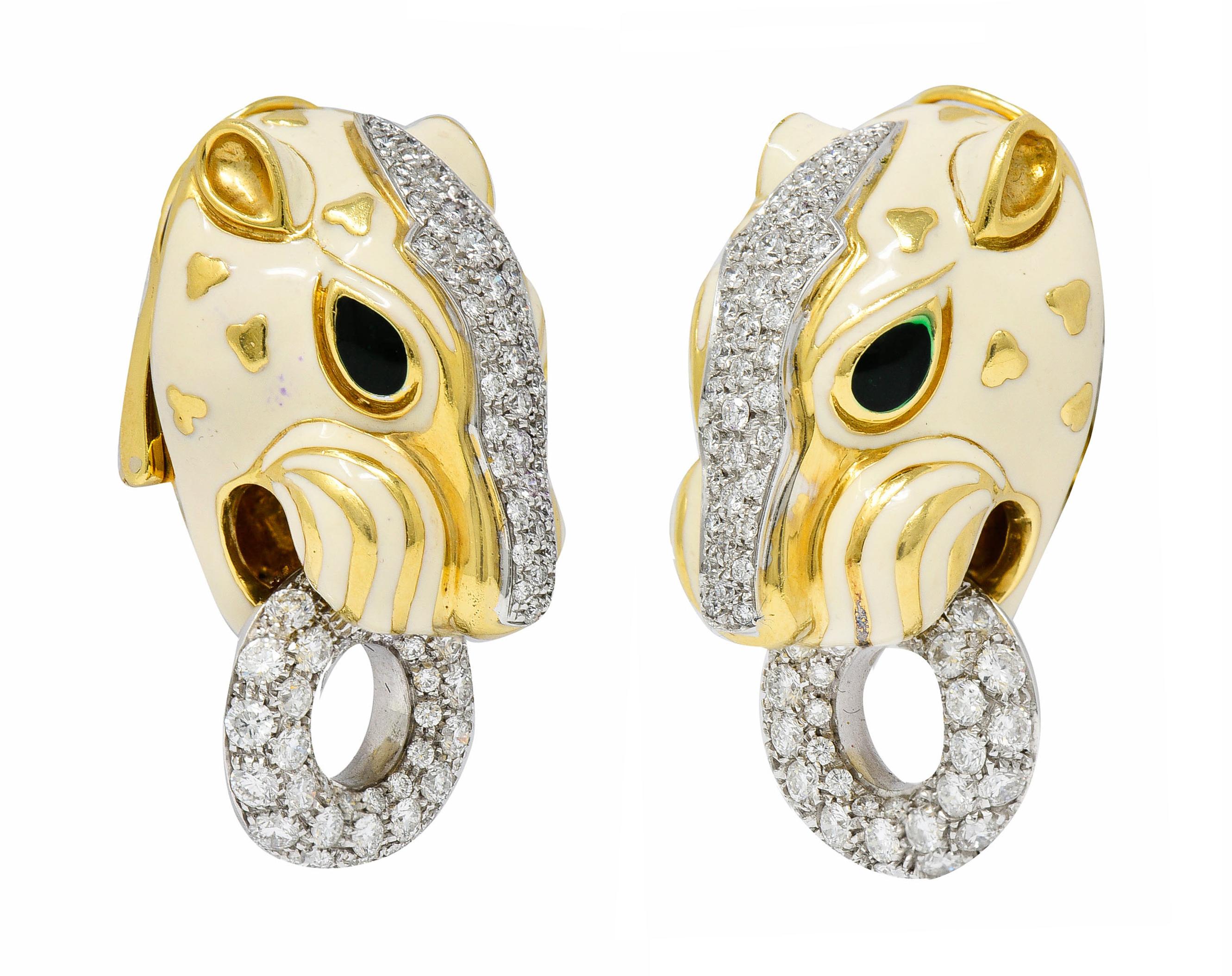 David Webb Enamel 4.90 Carats Diamond 18 Karat Gold Doorknocker Lion Earrings 5