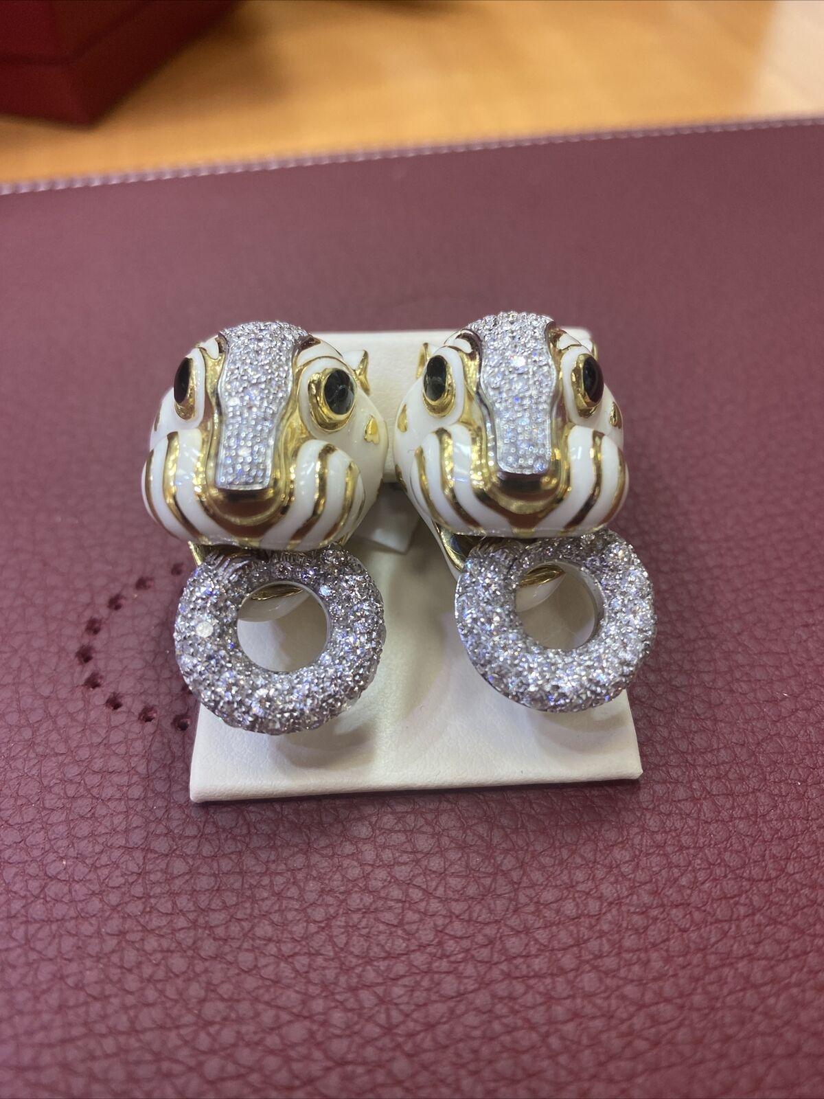 Round Cut David Webb Enamel 4.90 Carats Diamond 18 Karat Gold Doorknocker Lion Earrings For Sale