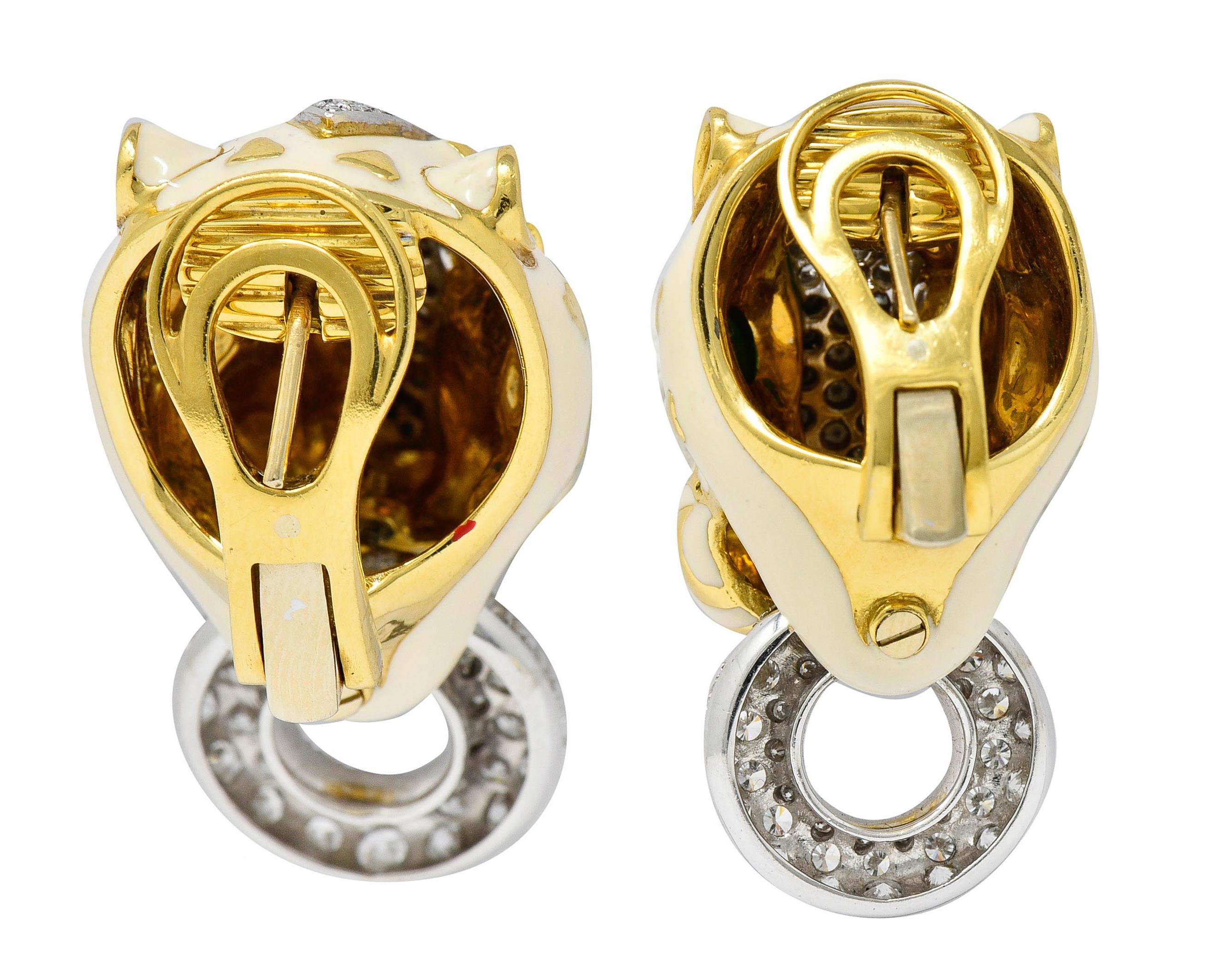 Round Cut David Webb Enamel 4.90 Carats Diamond 18 Karat Gold Doorknocker Lion Earrings
