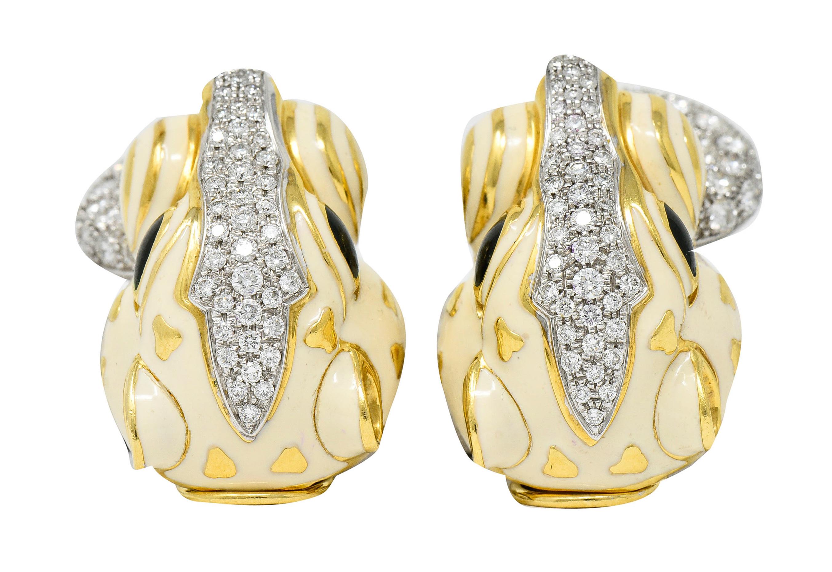 David Webb Enamel 4.90 Carats Diamond 18 Karat Gold Doorknocker Lion Earrings 1