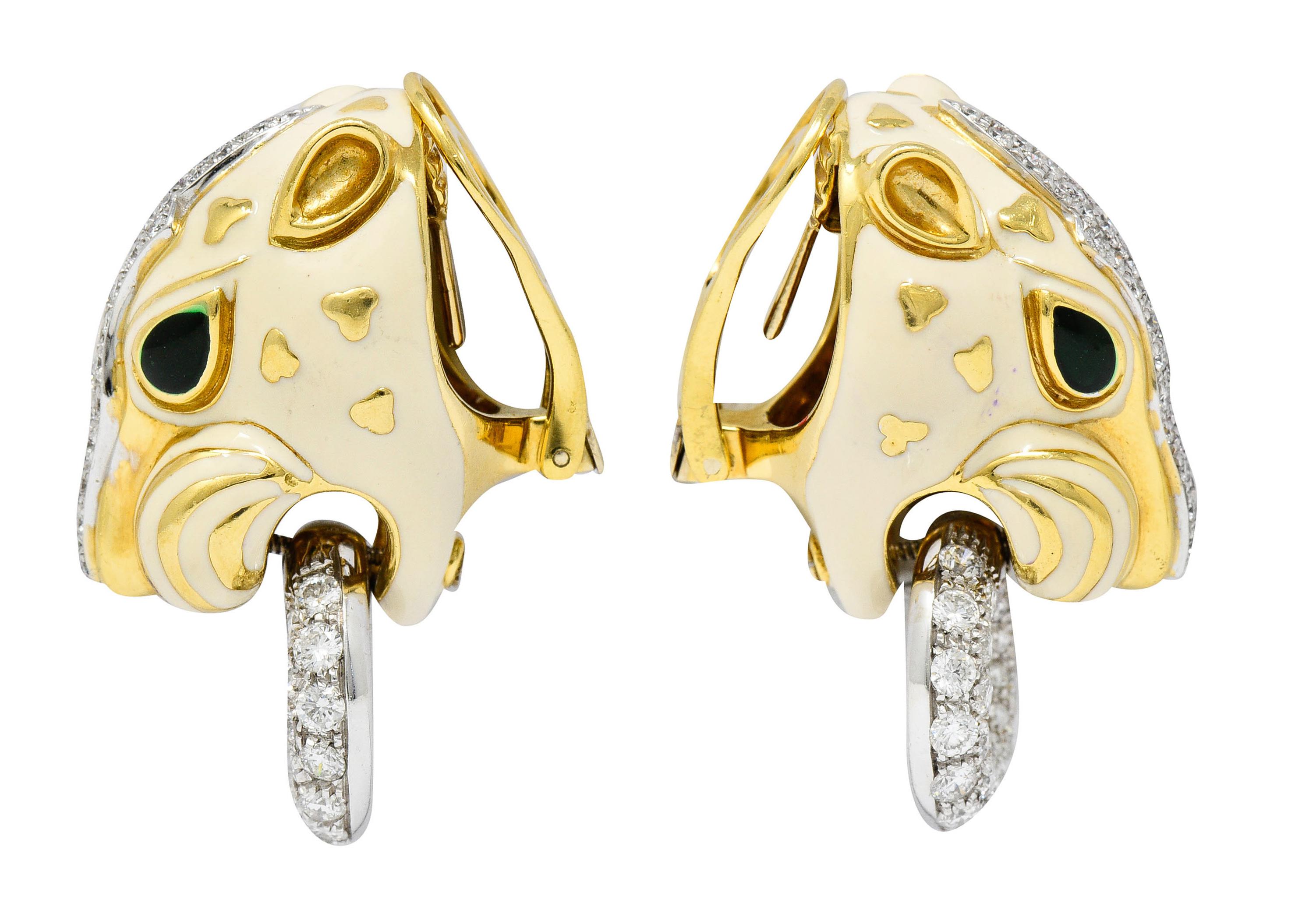 David Webb Enamel 4.90 Carats Diamond 18 Karat Gold Doorknocker Lion Earrings 2