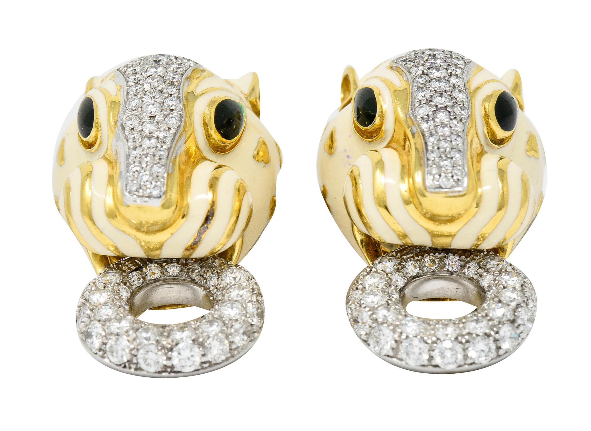 David Webb Enamel 4.90 Carats Diamond 18 Karat Gold Doorknocker Lion Earrings 3