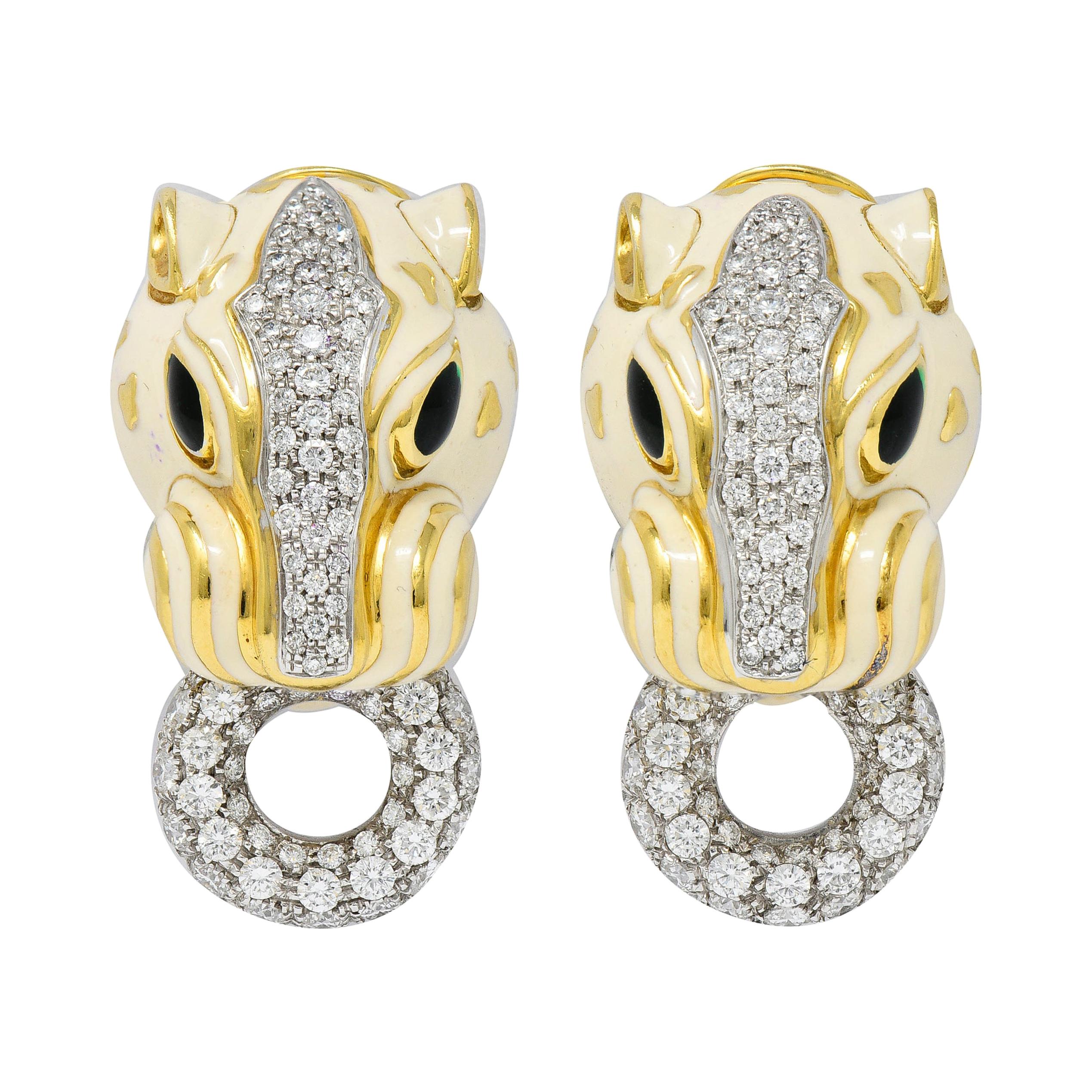 David Webb Enamel 4.90 Carats Diamond 18 Karat Gold Doorknocker Lion Earrings