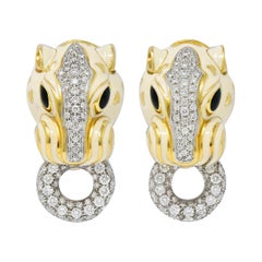 David Webb Enamel 4.90 Carats Diamond 18 Karat Gold Doorknocker Lion Earrings