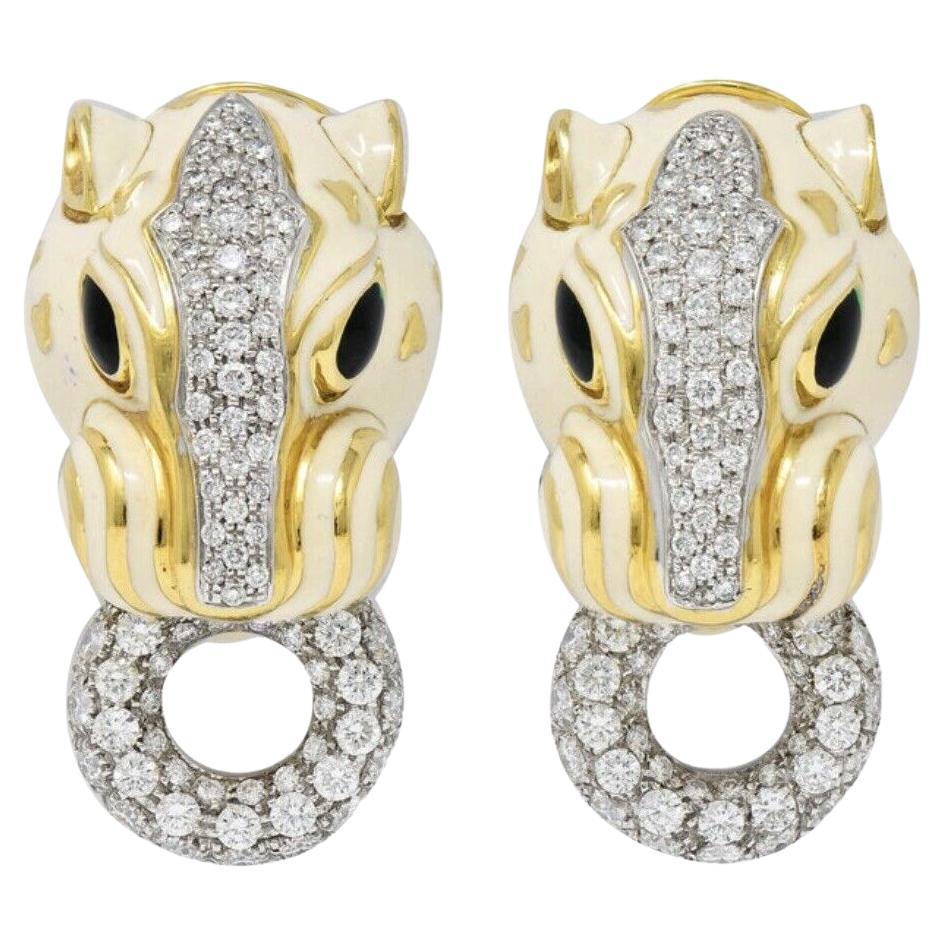 David Webb Enamel 4.90 Carats Diamond 18 Karat Gold Doorknocker Lion Earrings For Sale
