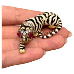 David Webb Enamel and Diamond Tiger Brooch with Ruby, circa 1980s