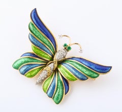David Webb Enamel Diamond Emerald Gold Butterfly Pin