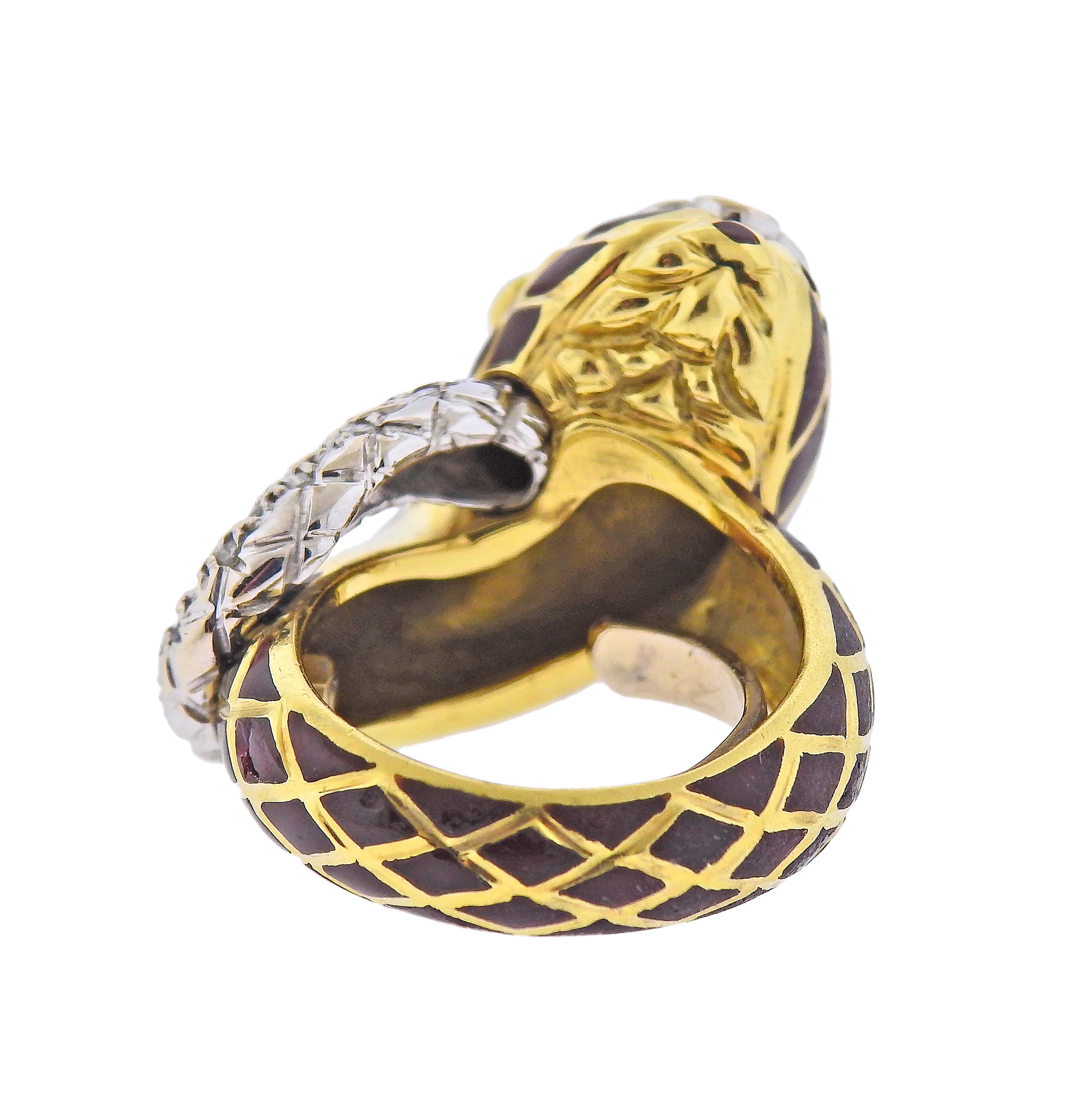 Round Cut David Webb Enamel Diamond Emerald Snake Gold Ring