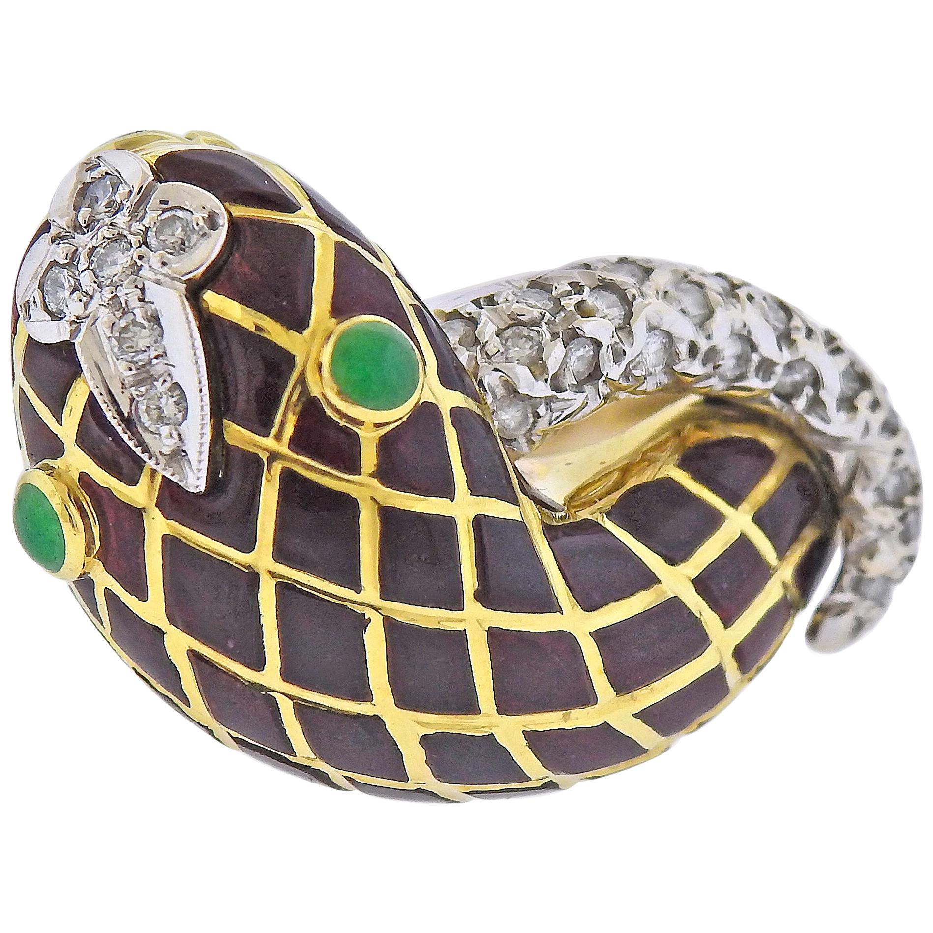 David Webb Enamel Diamond Emerald Snake Gold Ring