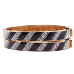 David Webb Enamel Diamond Gold Platinum Bangle Bracelet Set