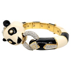 David Webb Enamel & Diamond Panda 18k Yellow Gold & Platinum Bangle Bracelet
