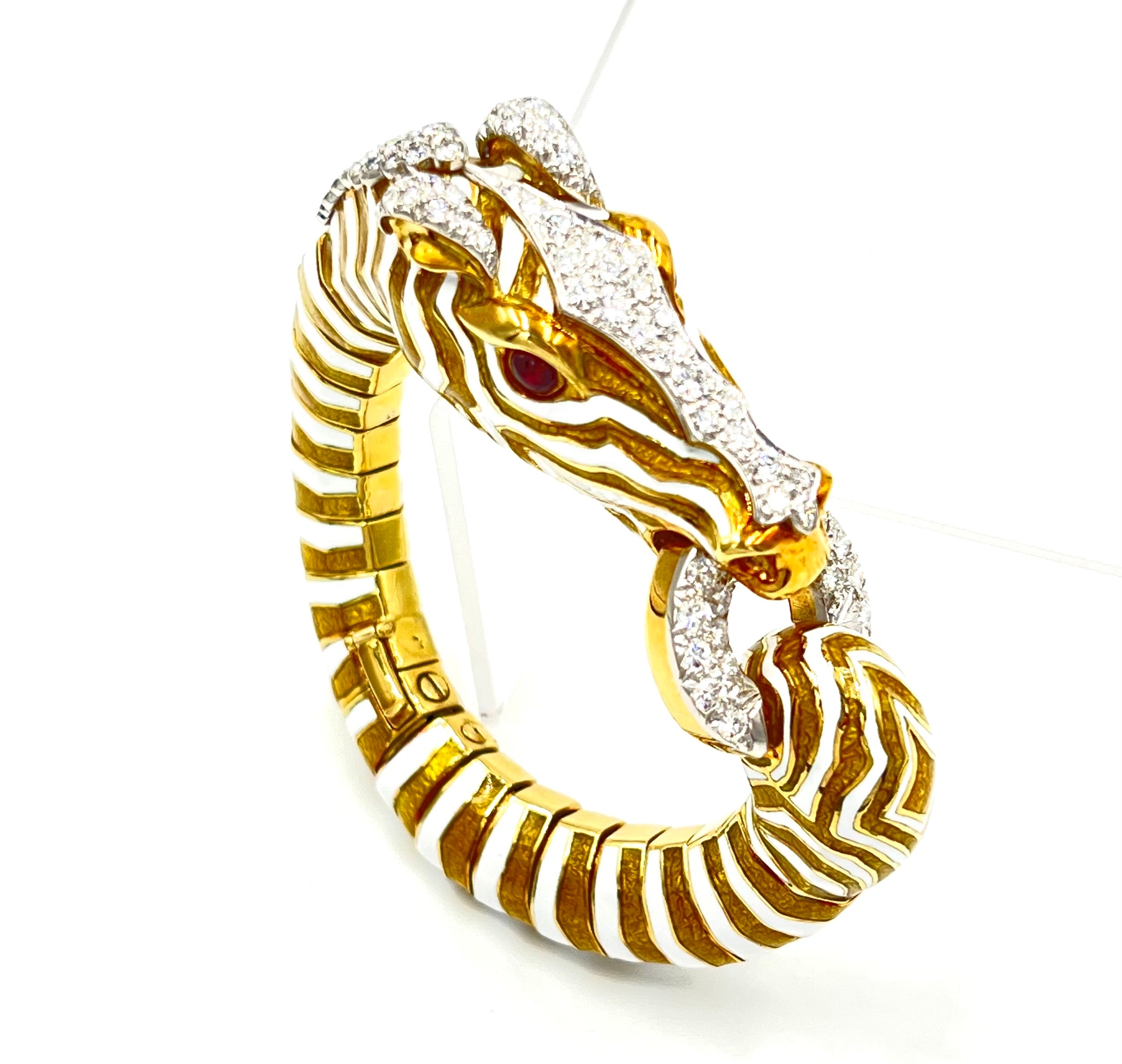 Brilliant Cut David Webb Enamel Diamond Ruby Gold Zebra Bracelet