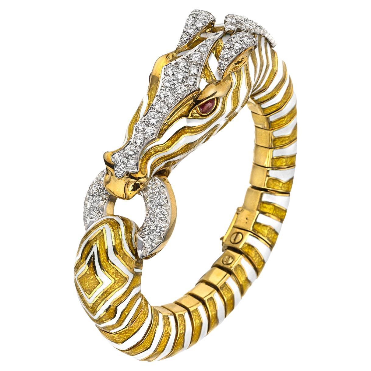 David Webb Enamel Diamond Ruby Gold Zebra Bracelet