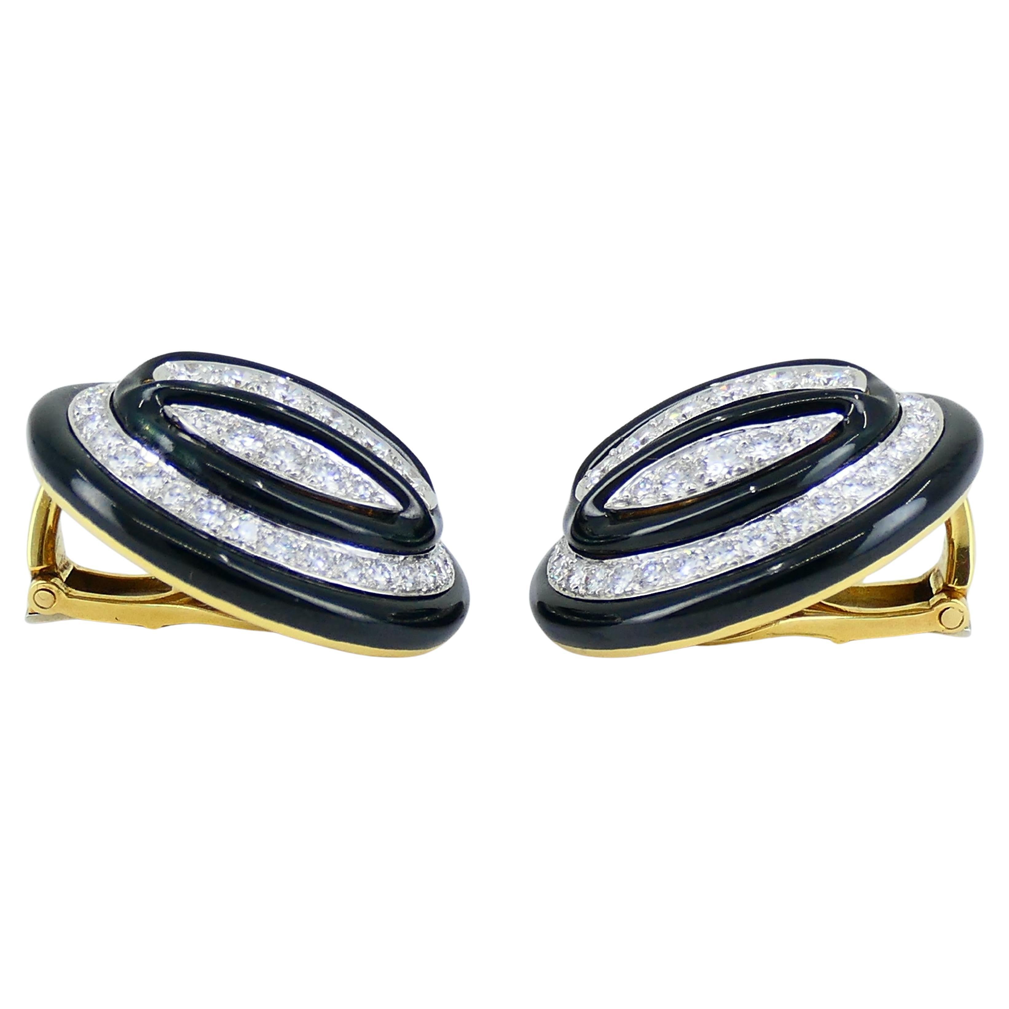 Women's David Webb Enamel Earrings 18k Gold Platinum Diamond Vintage Estate Jewelry For Sale