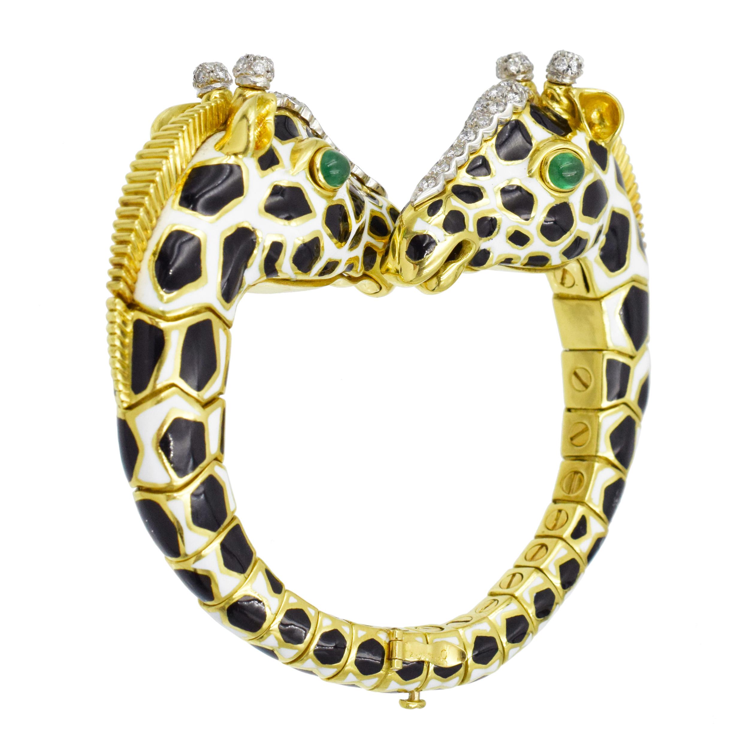 Armband „Giraffe“ aus Emaille, Smaragd und Diamanten von David Webb.  (Rundschliff) im Angebot