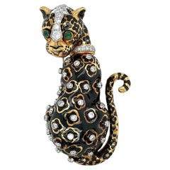 David Webb Enamel Emerald Diamond Leopard Brooch