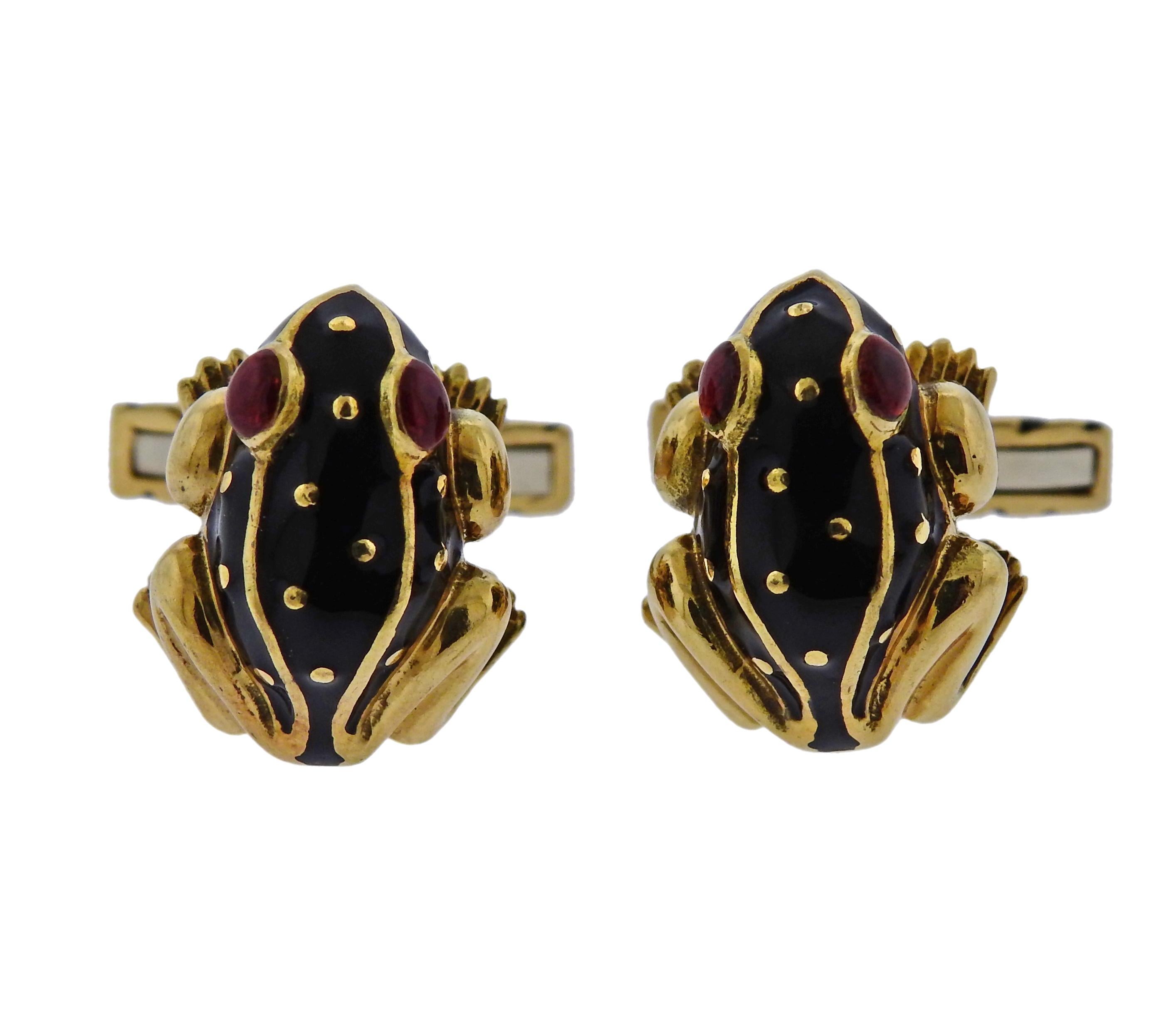 Pair of 18k yellow gold frog cufflinks and studs, decorated with multicolor enamel, crafted by David Webb. Cufflink measures 19mm x 15mm, stud top - 15mm x 9mm.  Marked Webb, 18k and weigh 34 grams total.