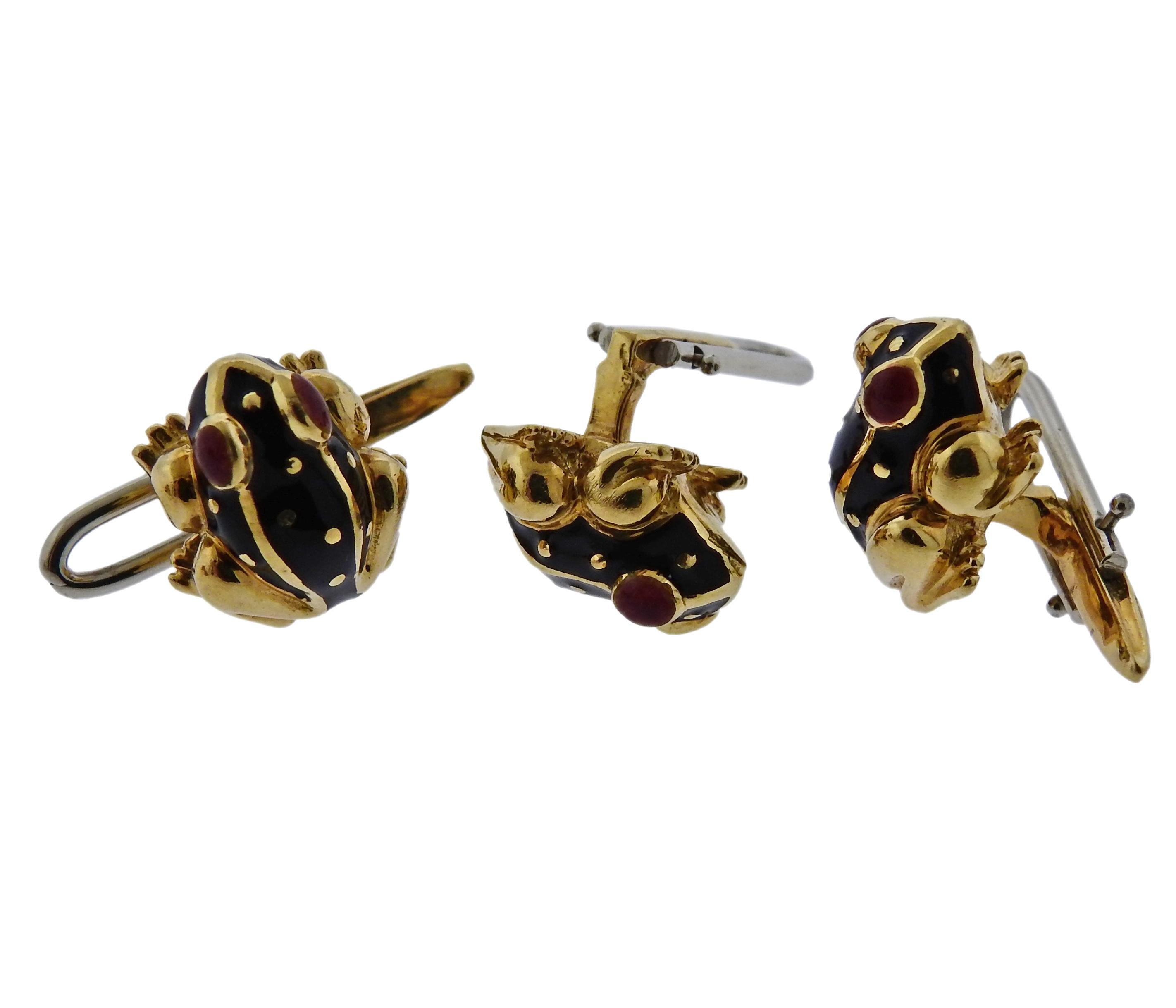 David Webb Enamel Frog Cufflinks Studs Set For Sale 2