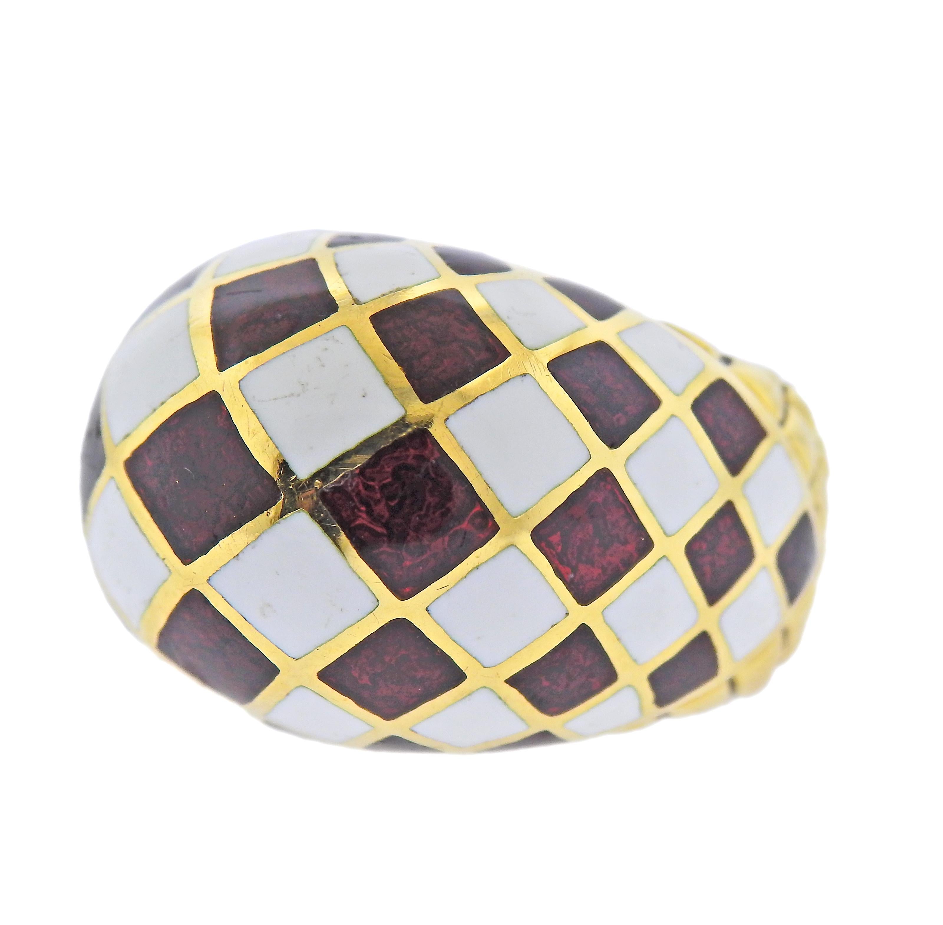 David Webb 18k gold dome ring, decorated with checkered pattern maroon red and white enamel. Ring size - 5, ring top - 20mm wide. Sits approx. 14mm from the finger, when worn. Marked:  Webb 18k. Weight - 25.1 grams.