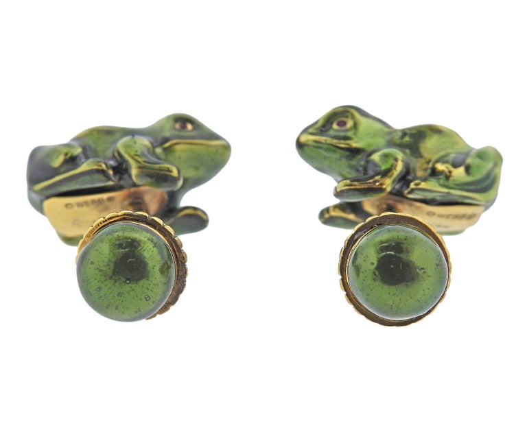 David Webb Enamel Gold Frog Cufflinks In Excellent Condition For Sale In New York, NY