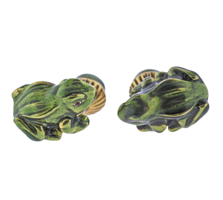 Men's David Webb Enamel Gold Frog Cufflinks For Sale