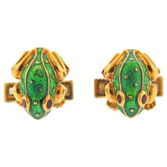 David Webb Enamel Gold Frog Cufflinks