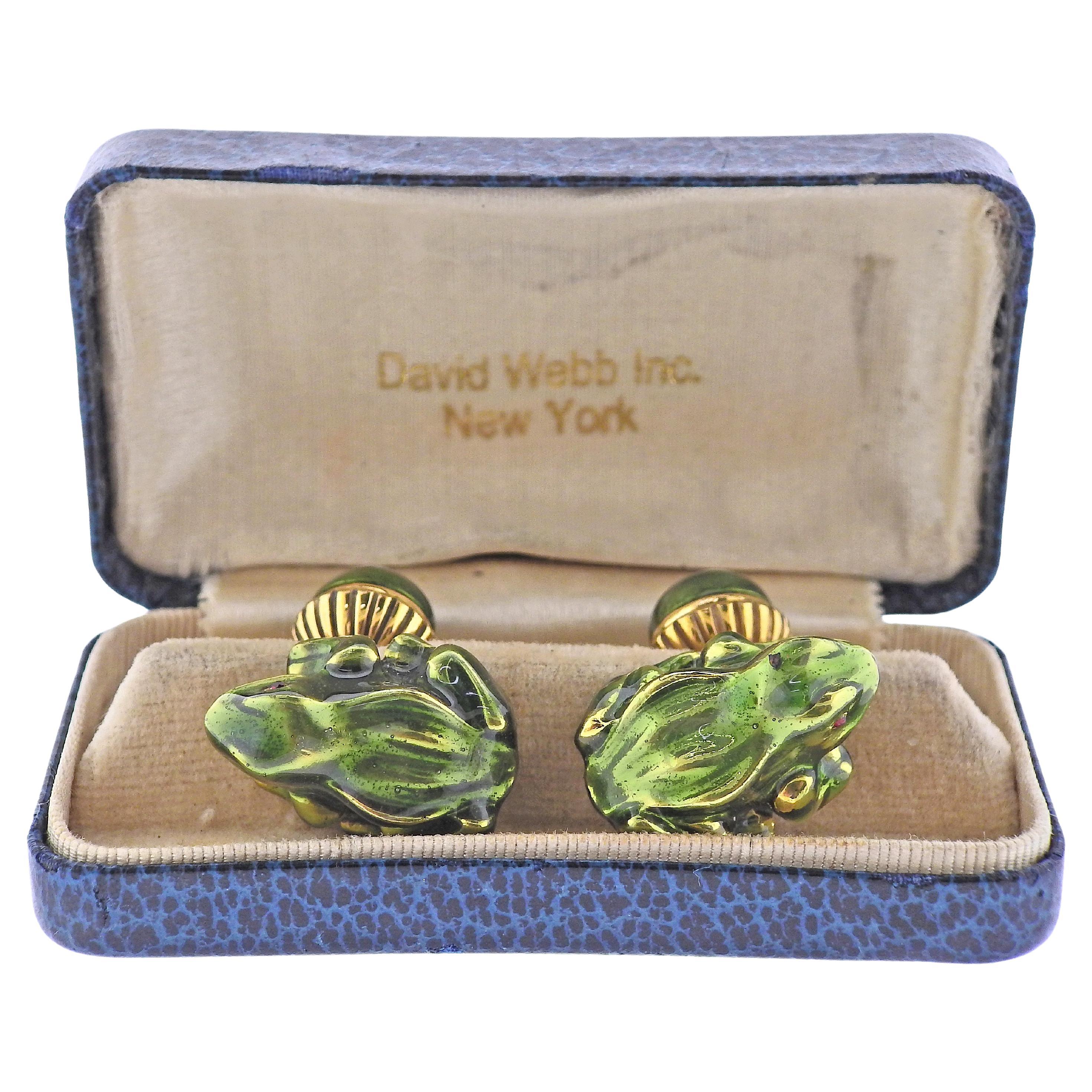 David Webb Enamel Gold Frog Cufflinks