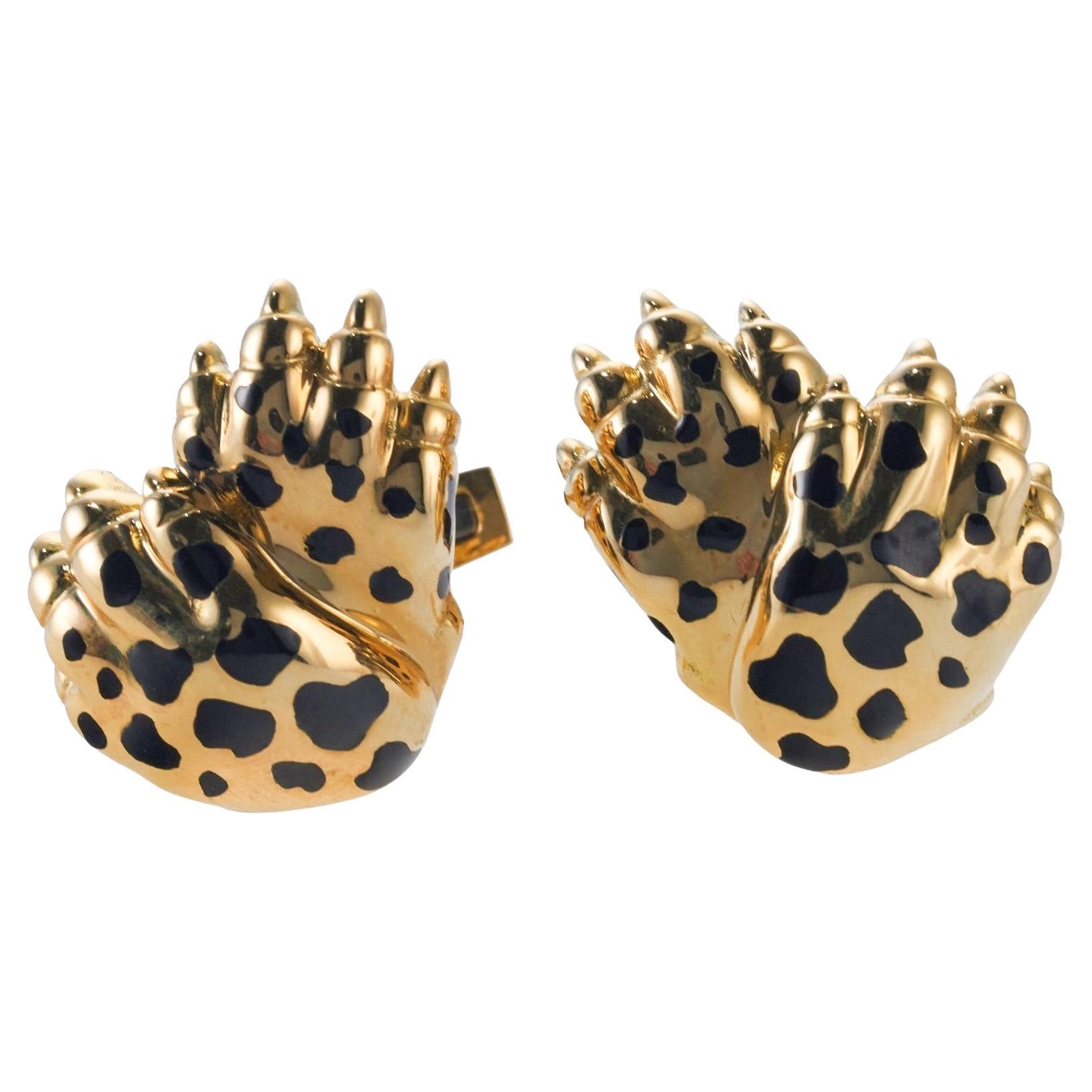 David Webb Enamel Gold Leopard Claw Cufflinks