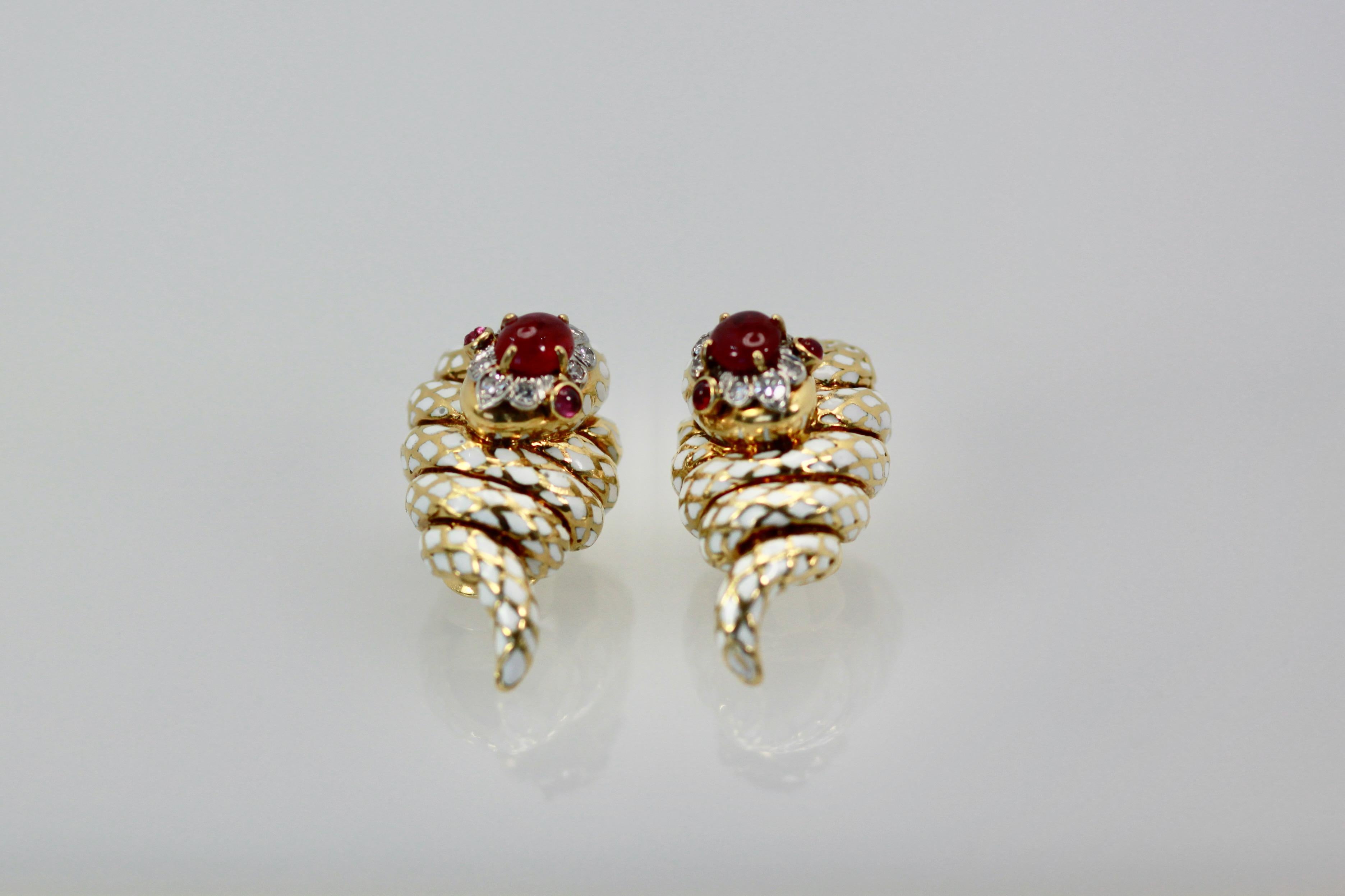 David Webb Enamel Ruby Diamond Snake Earrings For Sale 5