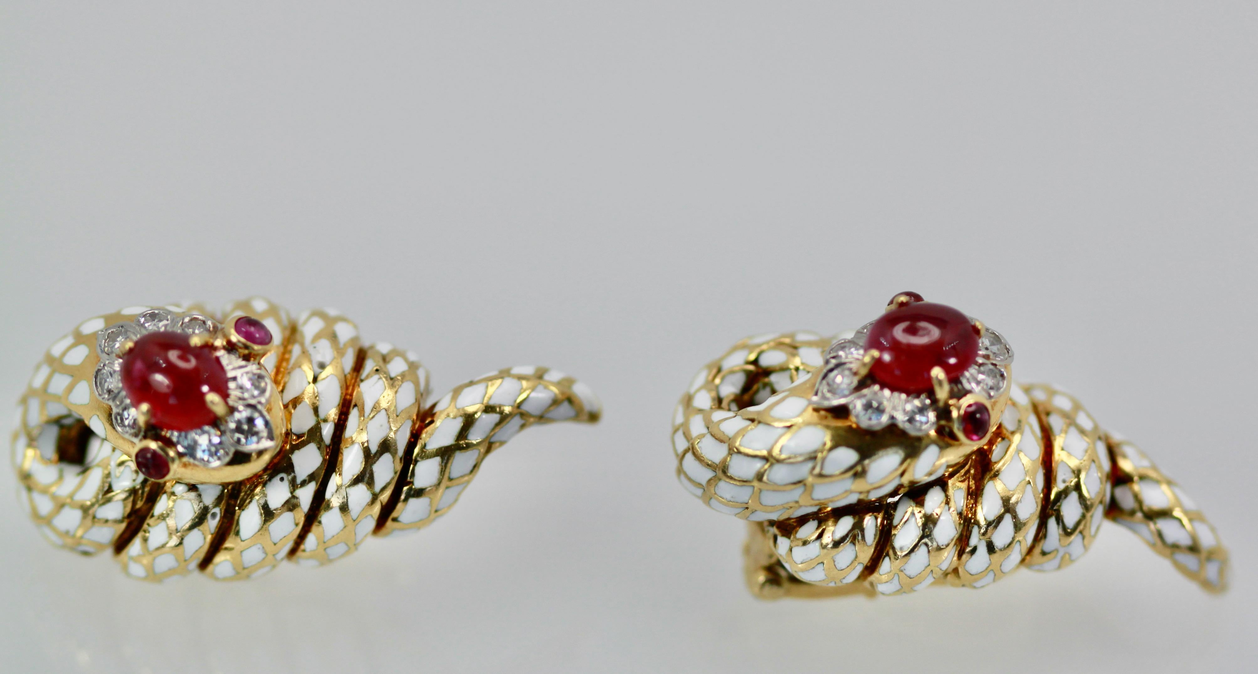 David Webb Enamel Ruby Diamond Snake Earrings For Sale 5