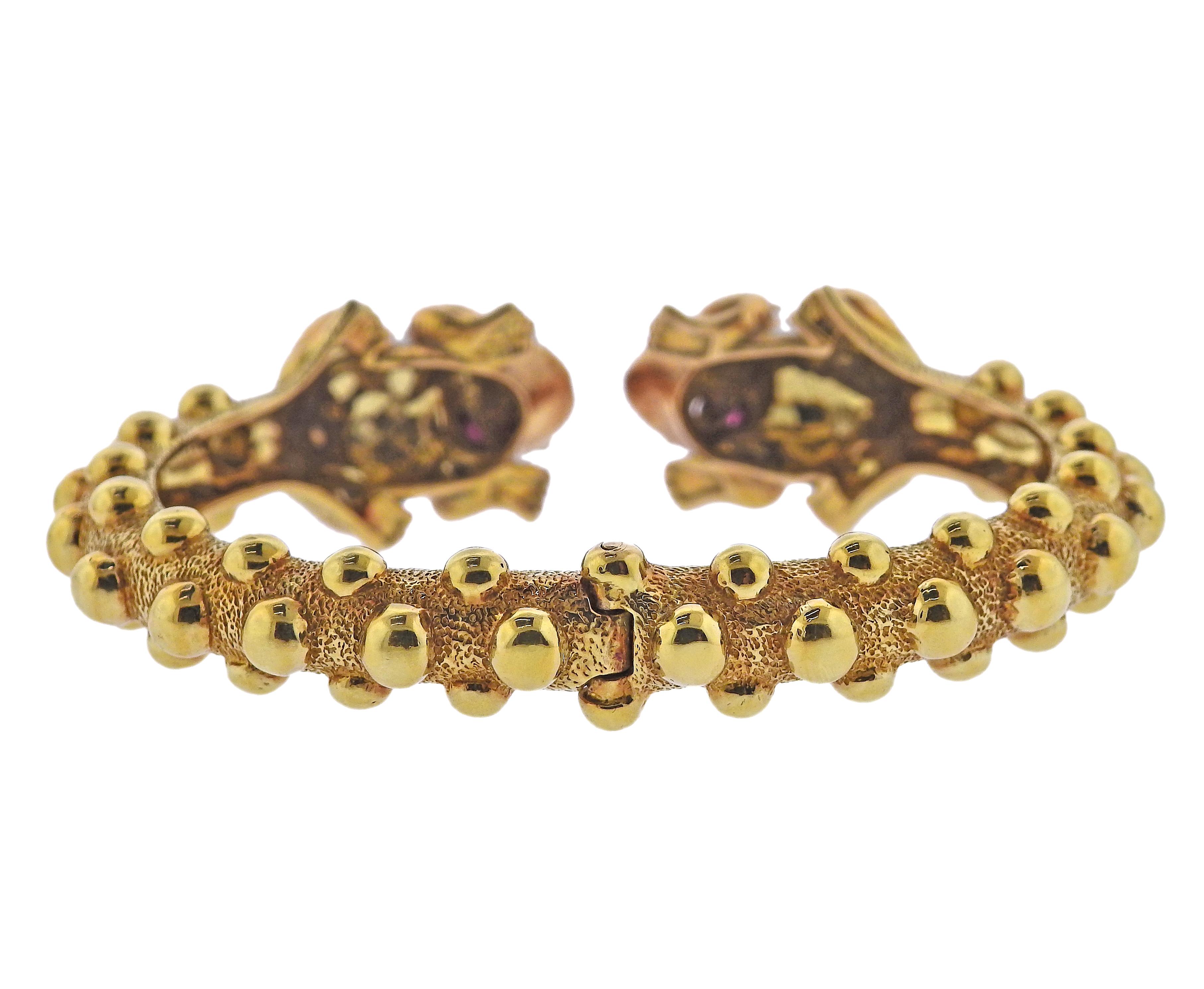 Cabochon David Webb Enamel Ruby Gold Frog Bracelet For Sale
