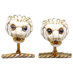 David Webb Enamel Sapphire 18 Karat Gold Lion Head Cufflinks