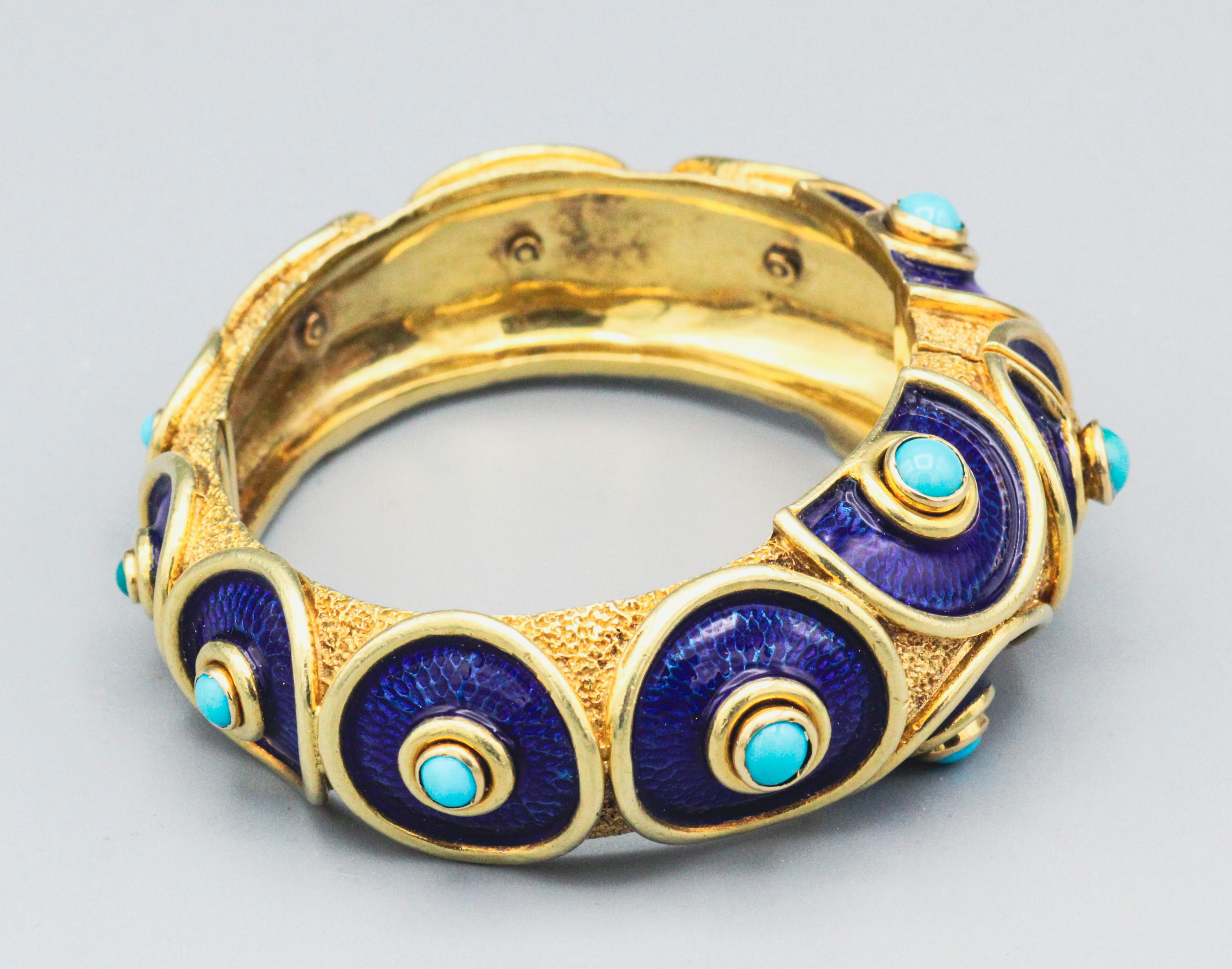 David Webb Enamel Turquoise 18k Yellow Gold Bangle Bracelet 1