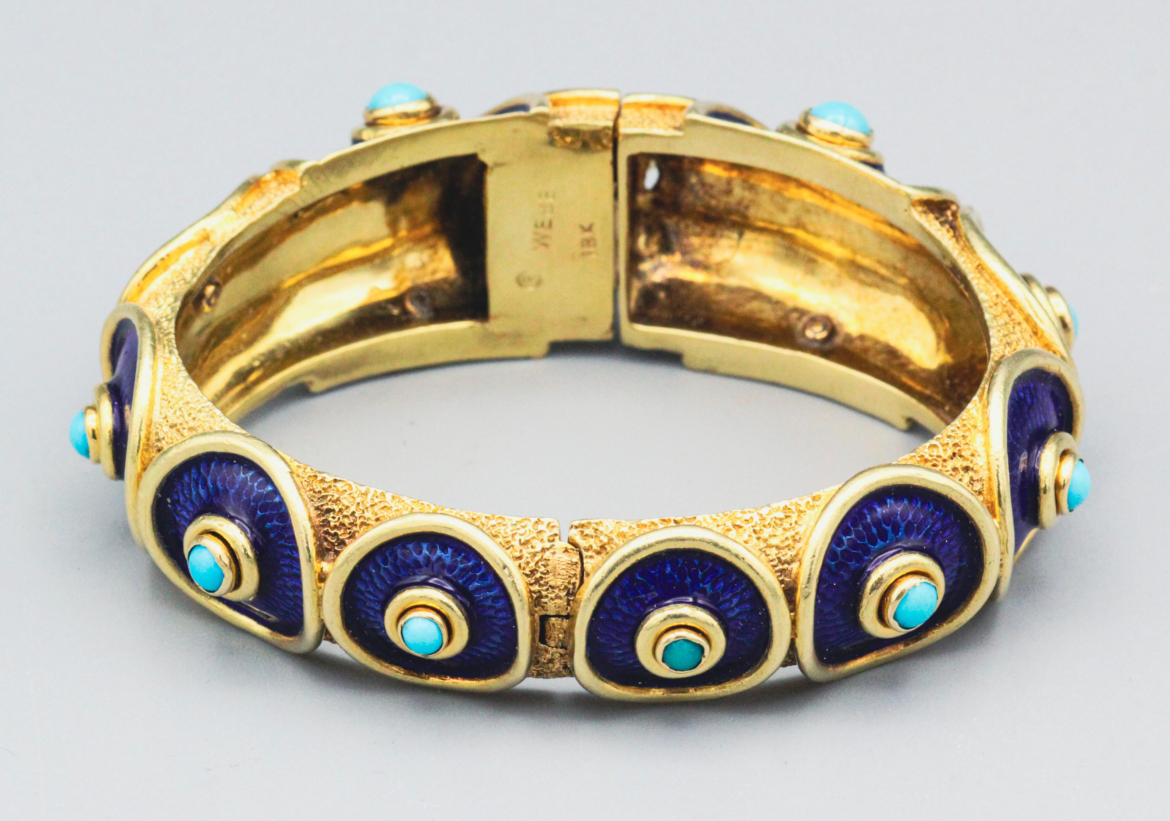 David Webb Enamel Turquoise 18k Yellow Gold Bangle Bracelet 2