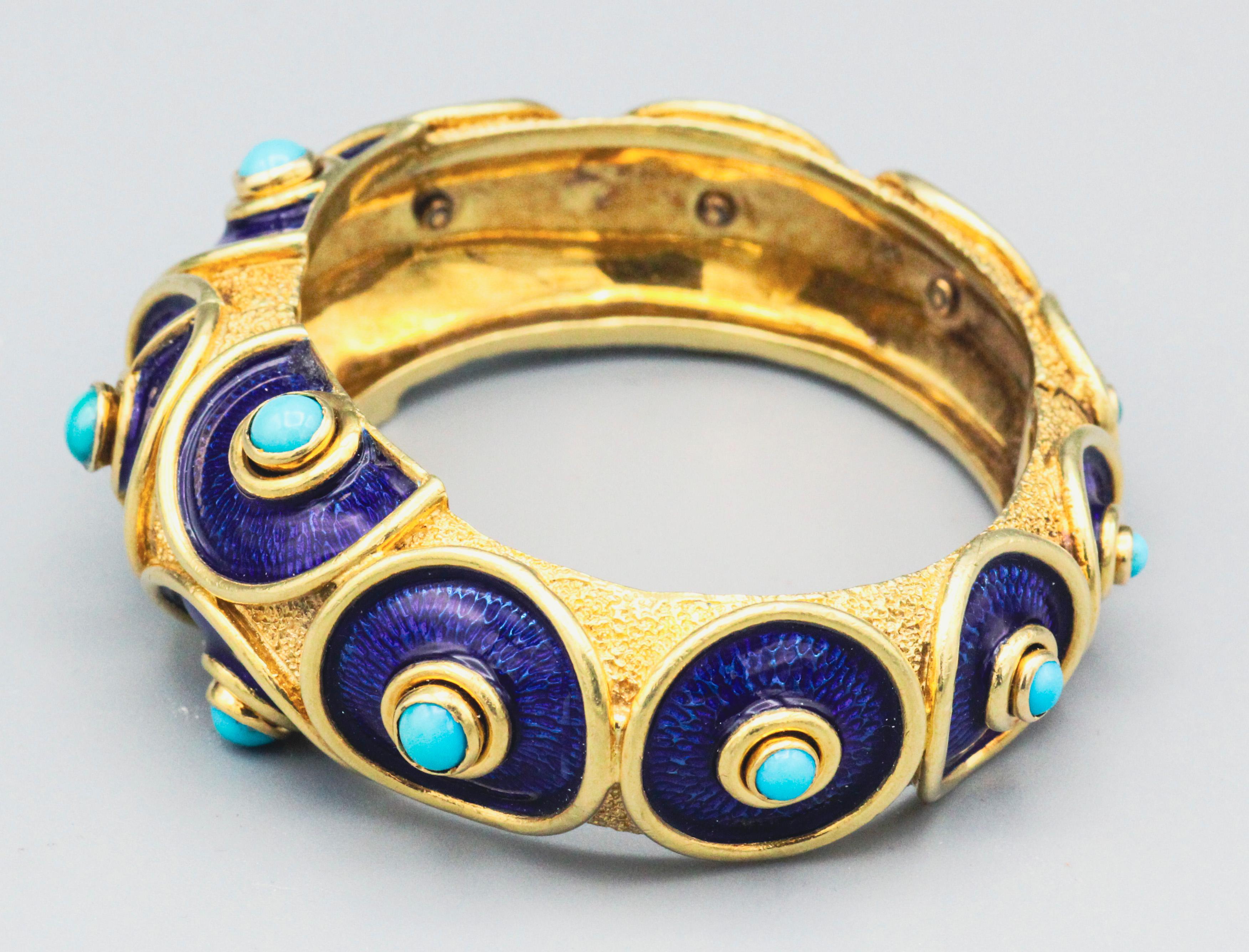 David Webb Enamel Turquoise 18k Yellow Gold Bangle Bracelet 3