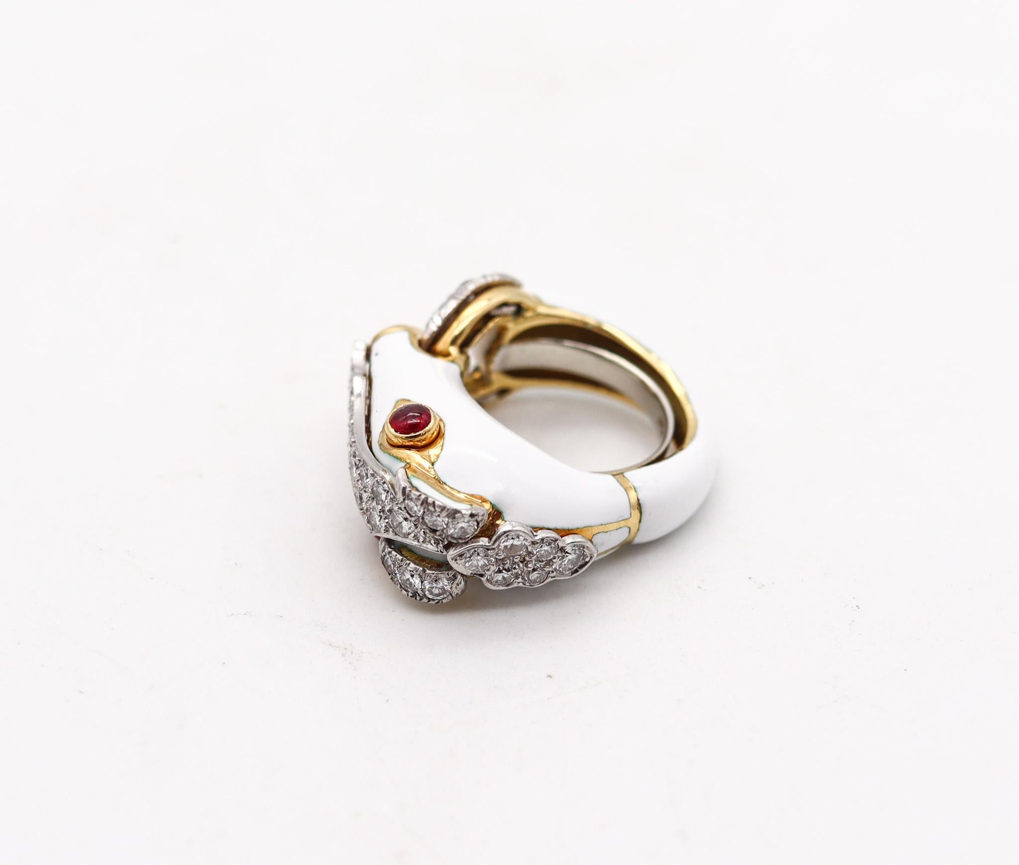 Modernist David Webb Enameled Horse Ring In 18Kt Gold And Platinum With Diamonds & Rubies For Sale