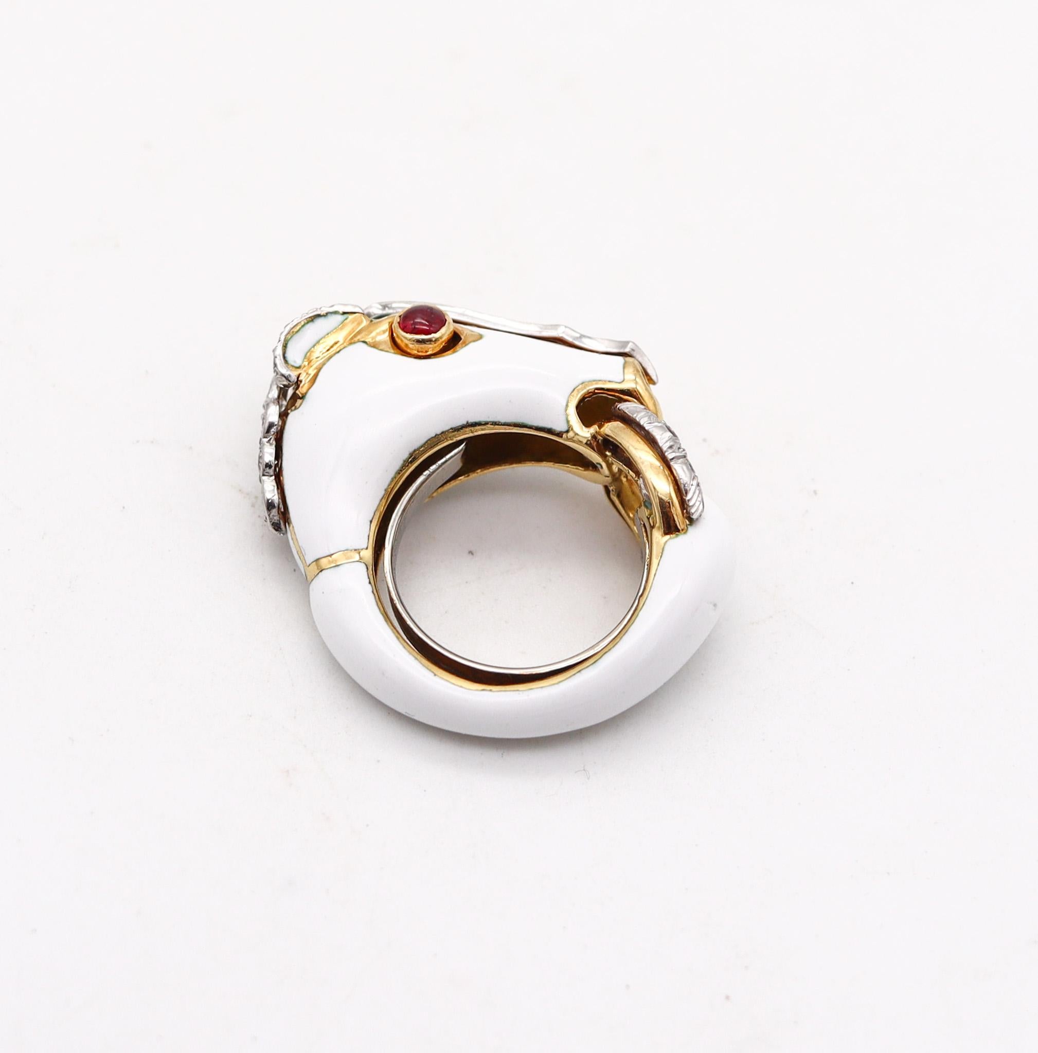 Brilliant Cut David Webb Enameled Horse Ring In 18Kt Gold And Platinum With Diamonds & Rubies For Sale