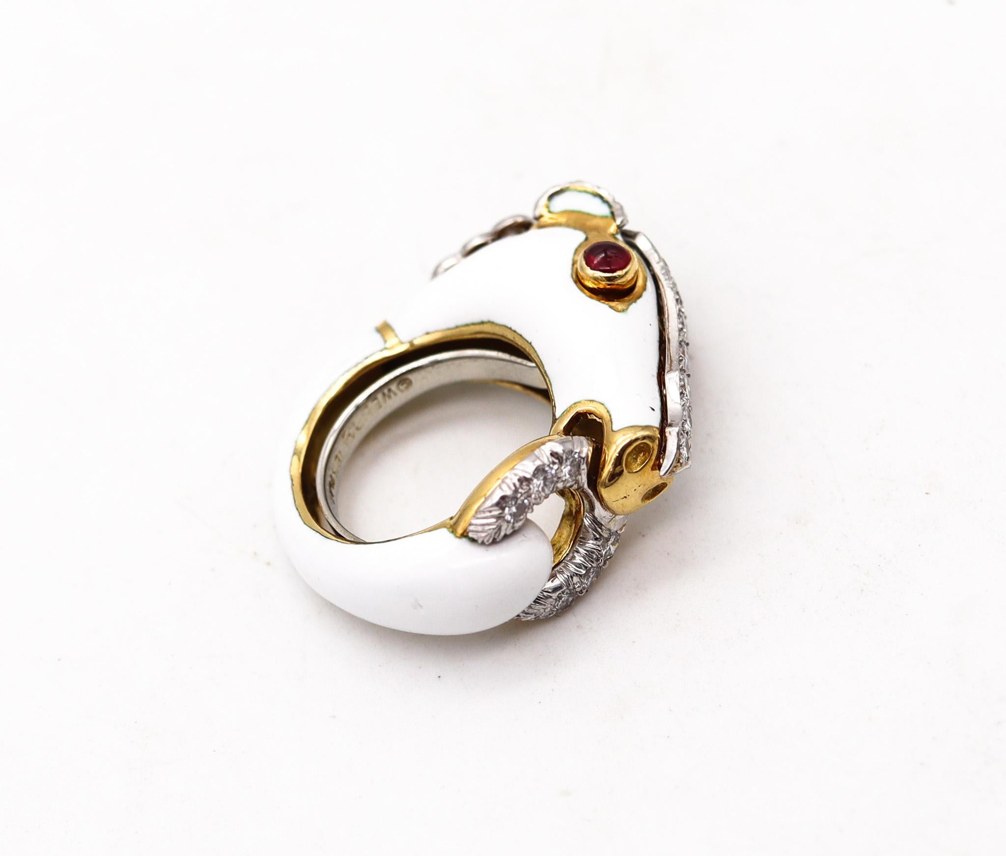 David Webb Enameled Horse Ring In 18Kt Gold And Platinum With Diamonds & Rubies In Excellent Condition For Sale In Miami, FL