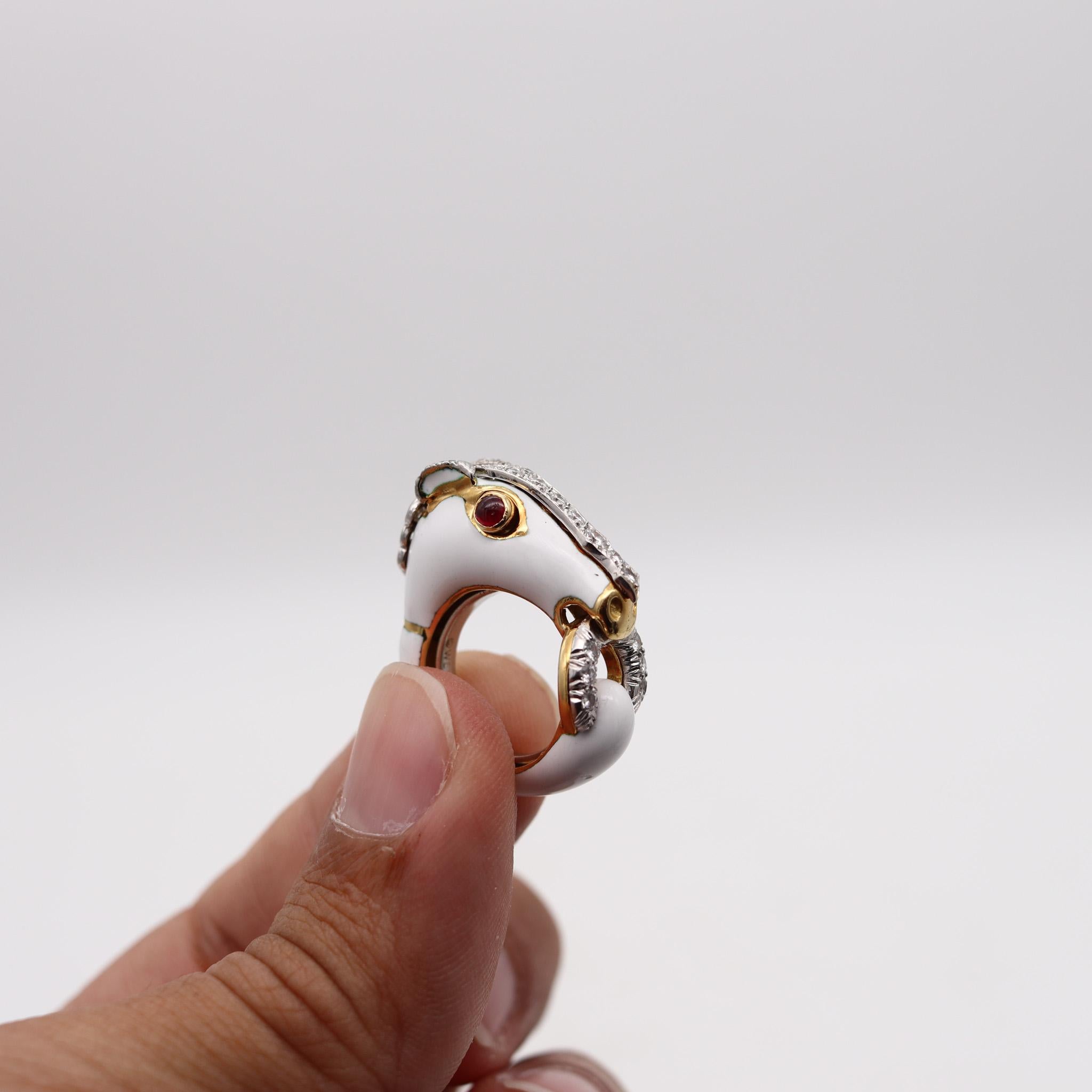 David Webb Enameled Horse Ring In 18Kt Gold And Platinum With Diamonds & Rubies For Sale 1